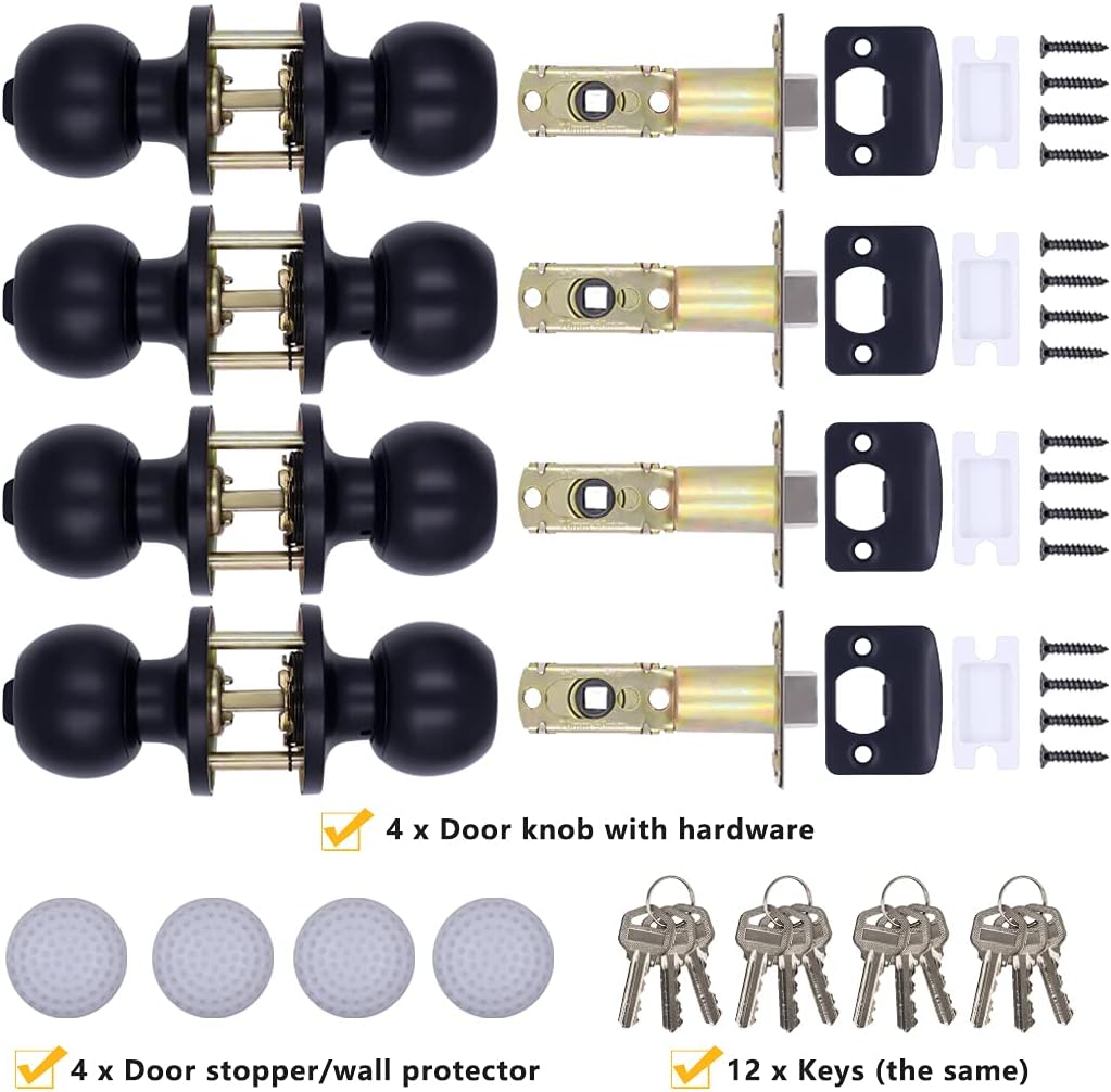 4 Pack Matte Black Keyed Entry Door Knobs for Bedroom and Bathroom - Round Exterior/Interior Door Lock with Keys, Hardwares & Instruction Included by KONIGEEHRE