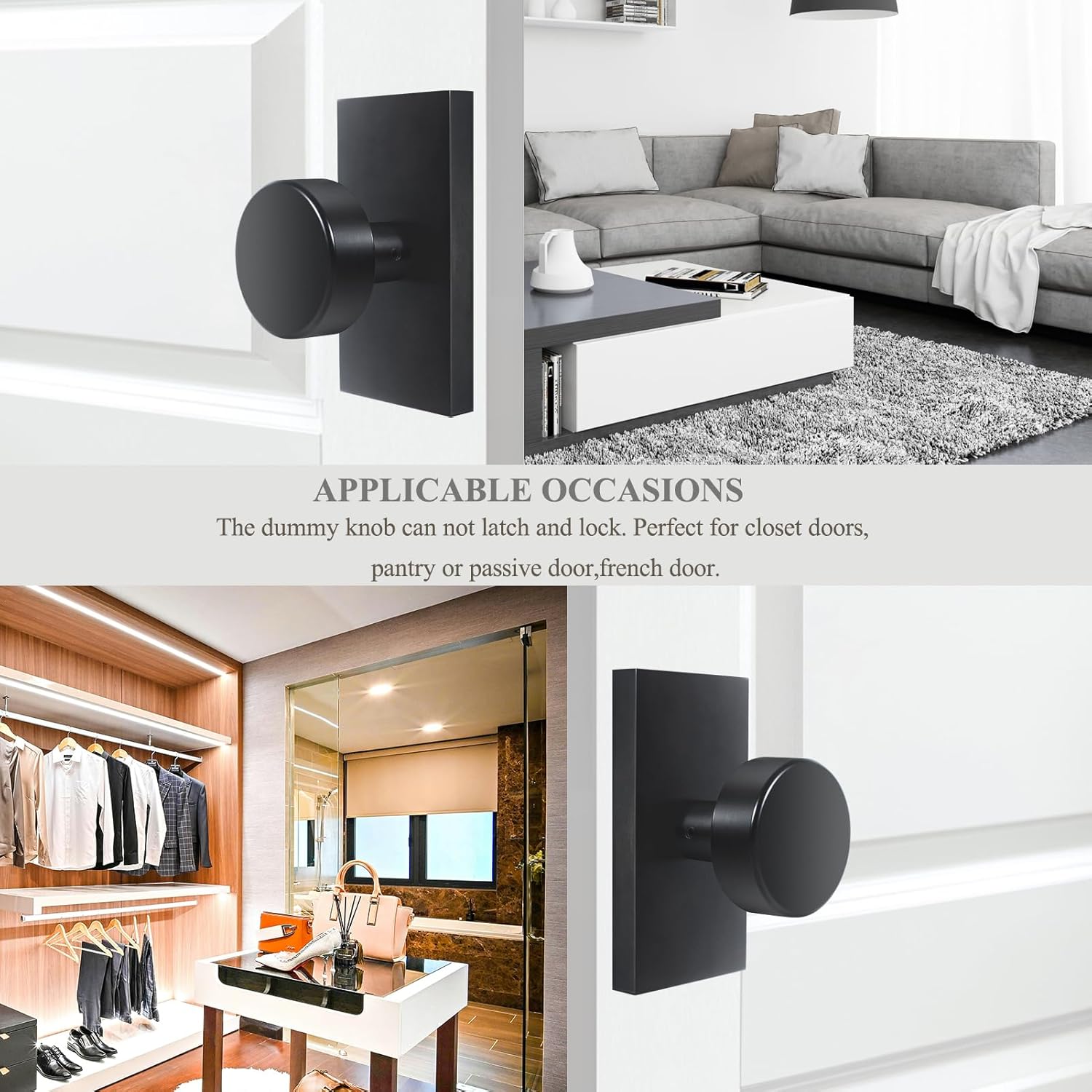 4 Pack Matte Black Modern Rectangle Dummy Door Knobs Interior for Bifold Closet
