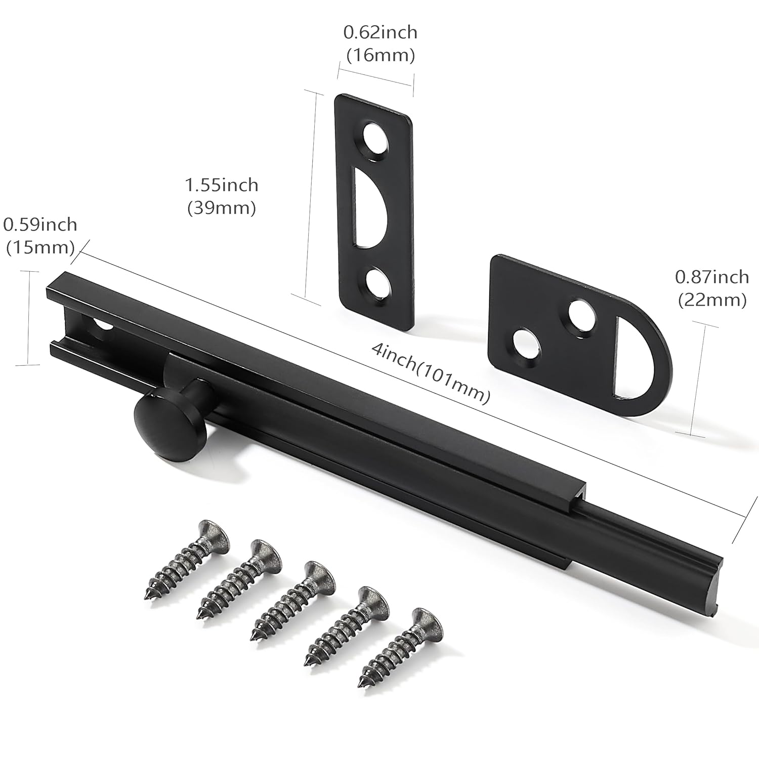 4 Pack Matte Black Solid Brass Surface Bolt 4" Door Slide Bolt Latches for Top of Door Locks