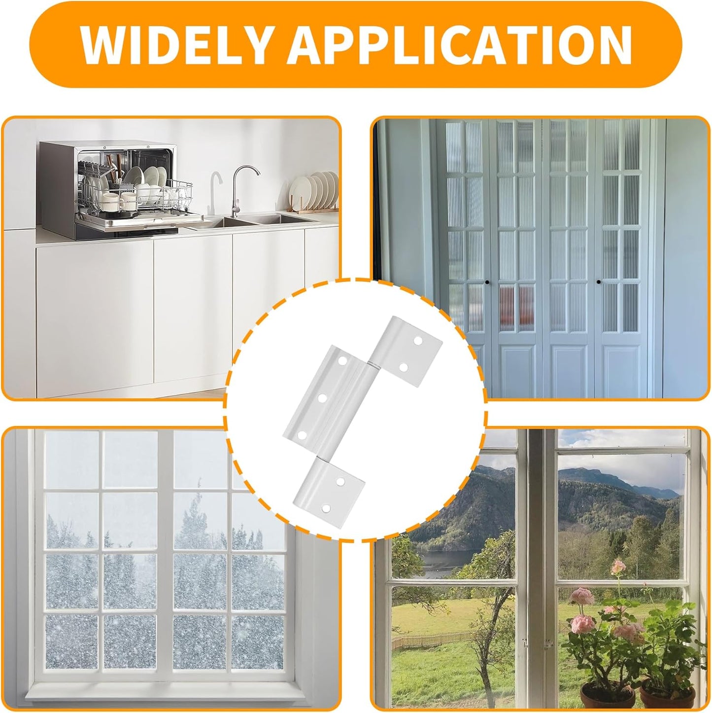 4-Pack Matte White Screen Door Hinges, 1/8 Inch Grooved Center Aluminum Hinges for Interior Exterior Doors - Kitchen Cabinet Compatible