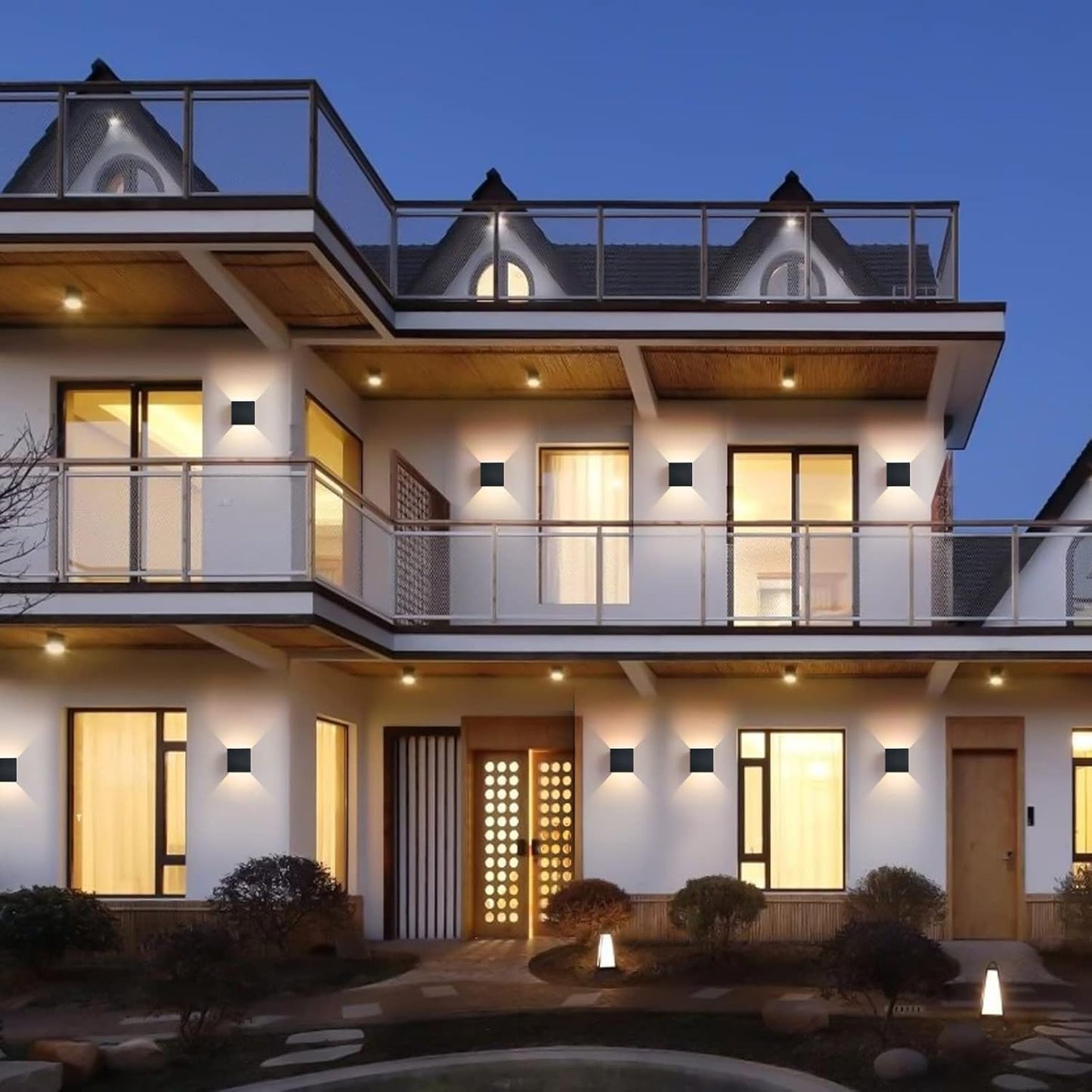 4 Pack Mille Lucciole LED Outdoor Wall Lights, Up and Down Lights, IP65 Waterproof, 12W Square Aluminum Fixtures, Modern Black, 3000K Warm Lights