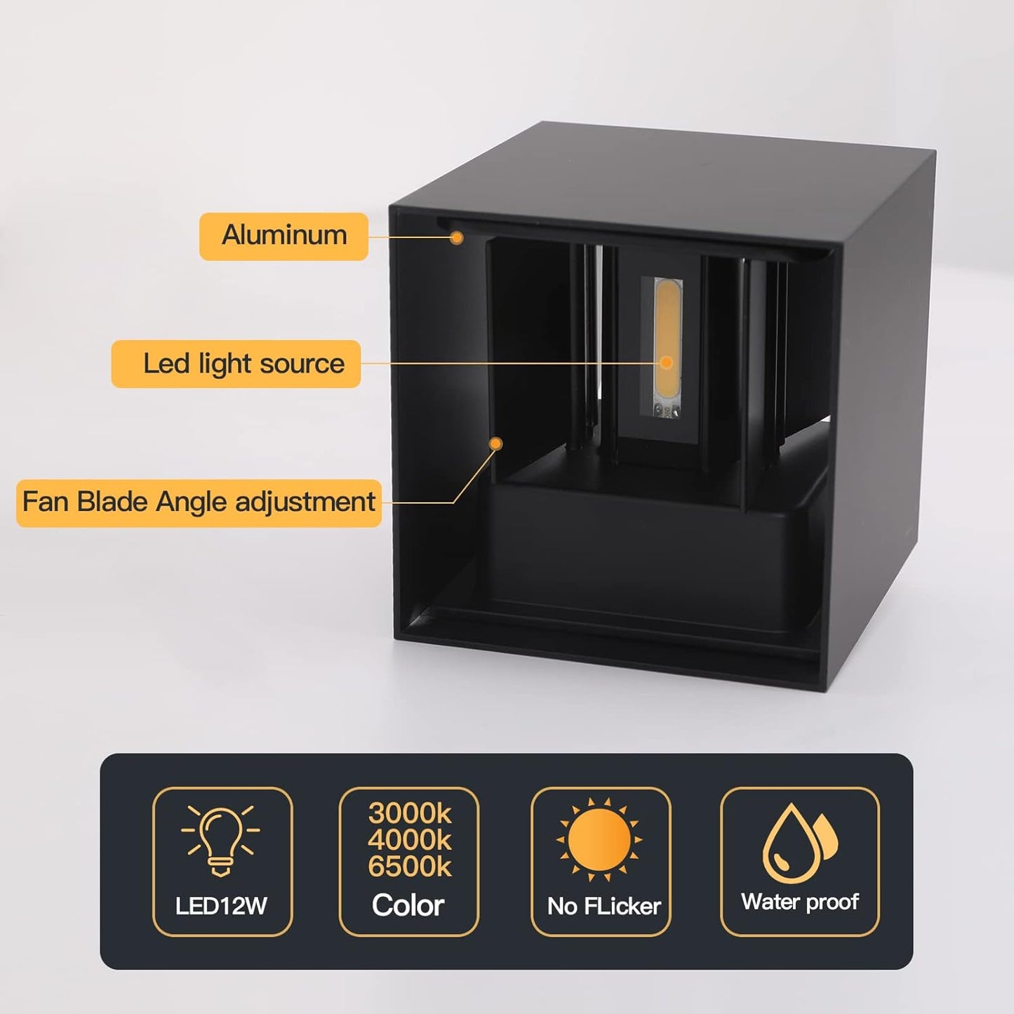 4 Pack Mille Lucciole LED Outdoor Wall Lights, Up and Down Lights, IP65 Waterproof, 12W Square Aluminum Fixtures, Modern Black, 3000K Warm Lights