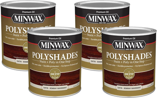 4 Pack Minwax 61380 Bombay Mahogany PolyShades Wood Stain and Polyurethane Satin - 1 qt