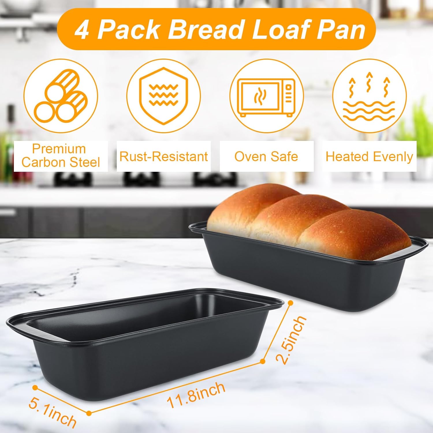 4 Pack Non Stick Carbon Steel Bread Loaf Pan Set for Baking Homemade Bread, Banana Bread, Cake - 12x5 Inch Loaf Pans for Sandwiches