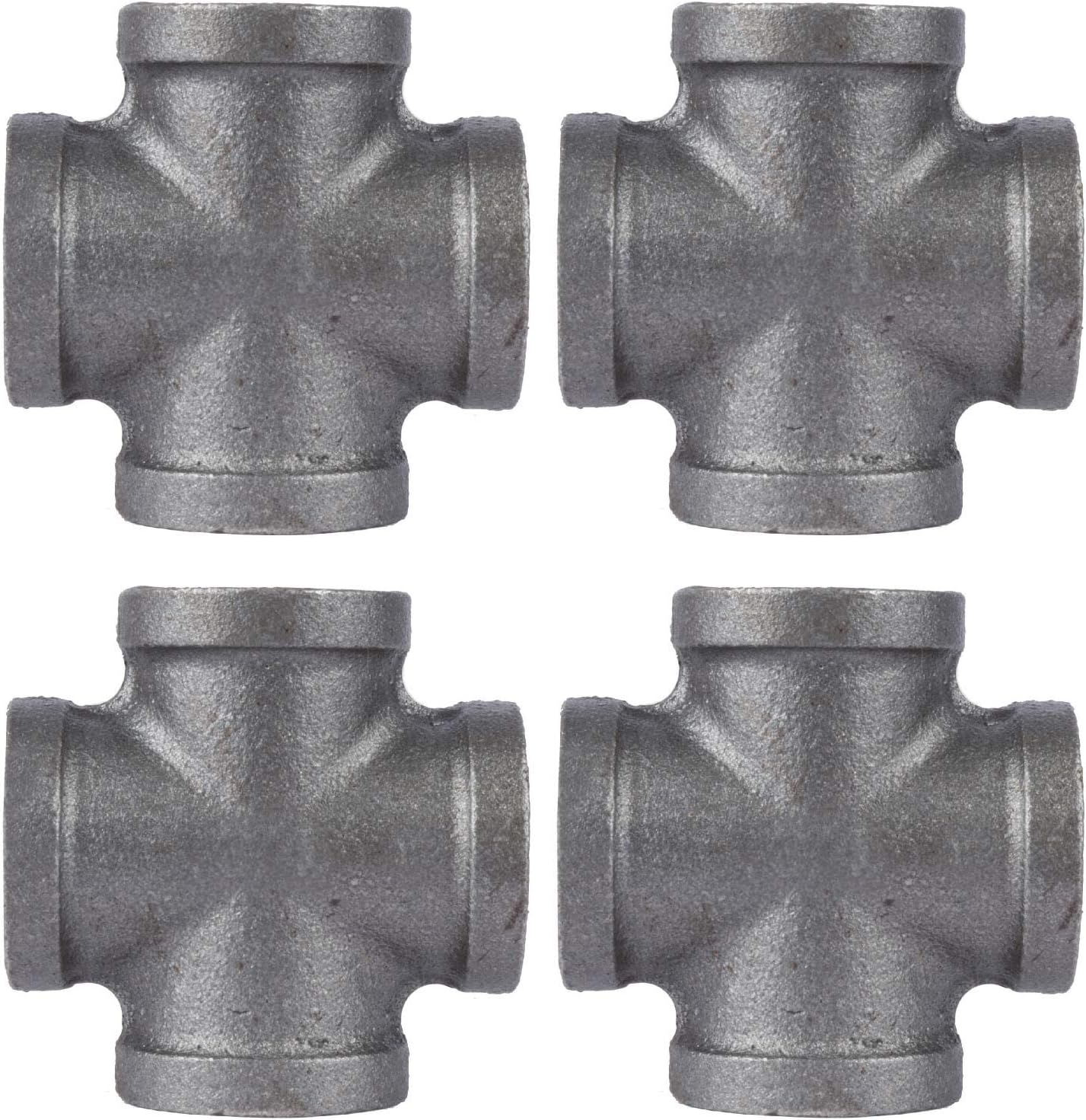 4 Pack of 1/2" Black Malleable Iron Cross Fittings for Standard Pipes - Ideal for Plumbing and DIY Furniture