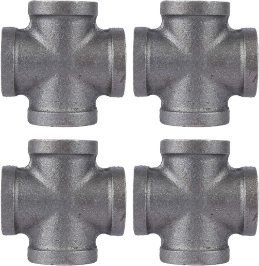 4 Pack of 1/2" Black Malleable Iron Cross Fittings for Standard Pipes - Ideal for Plumbing and DIY Furniture