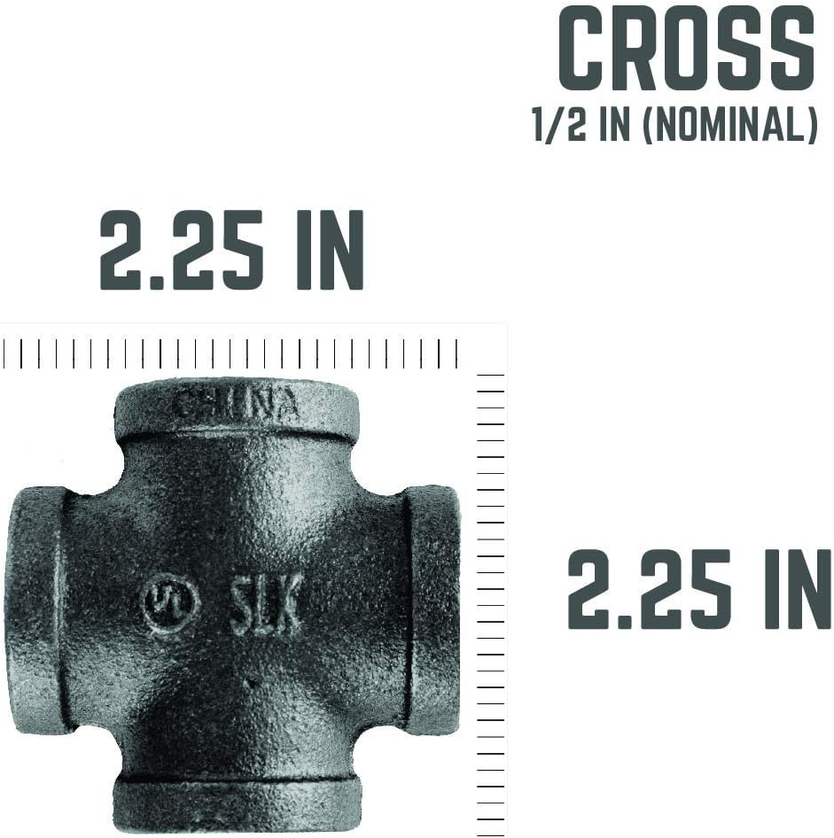 4 Pack of 1/2" Black Malleable Iron Cross Fittings for Standard Pipes - Ideal for Plumbing and DIY Furniture
