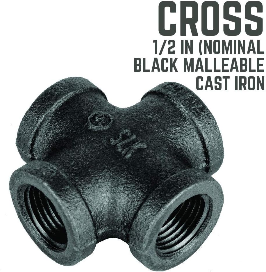 4 Pack of 1/2" Black Malleable Iron Cross Fittings for Standard Pipes - Ideal for Plumbing and DIY Furniture