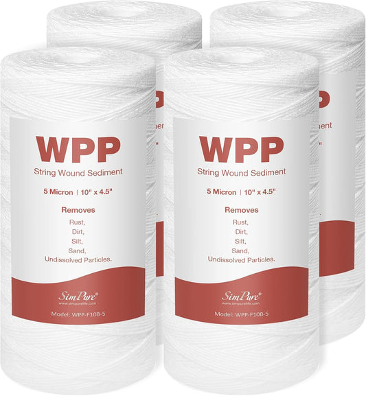 4 Pack of 5 Micron 10" x 4.5" String Wound Water Filter Cartridges for Well Water - SimPure Whole House Sediment Filter Replacements