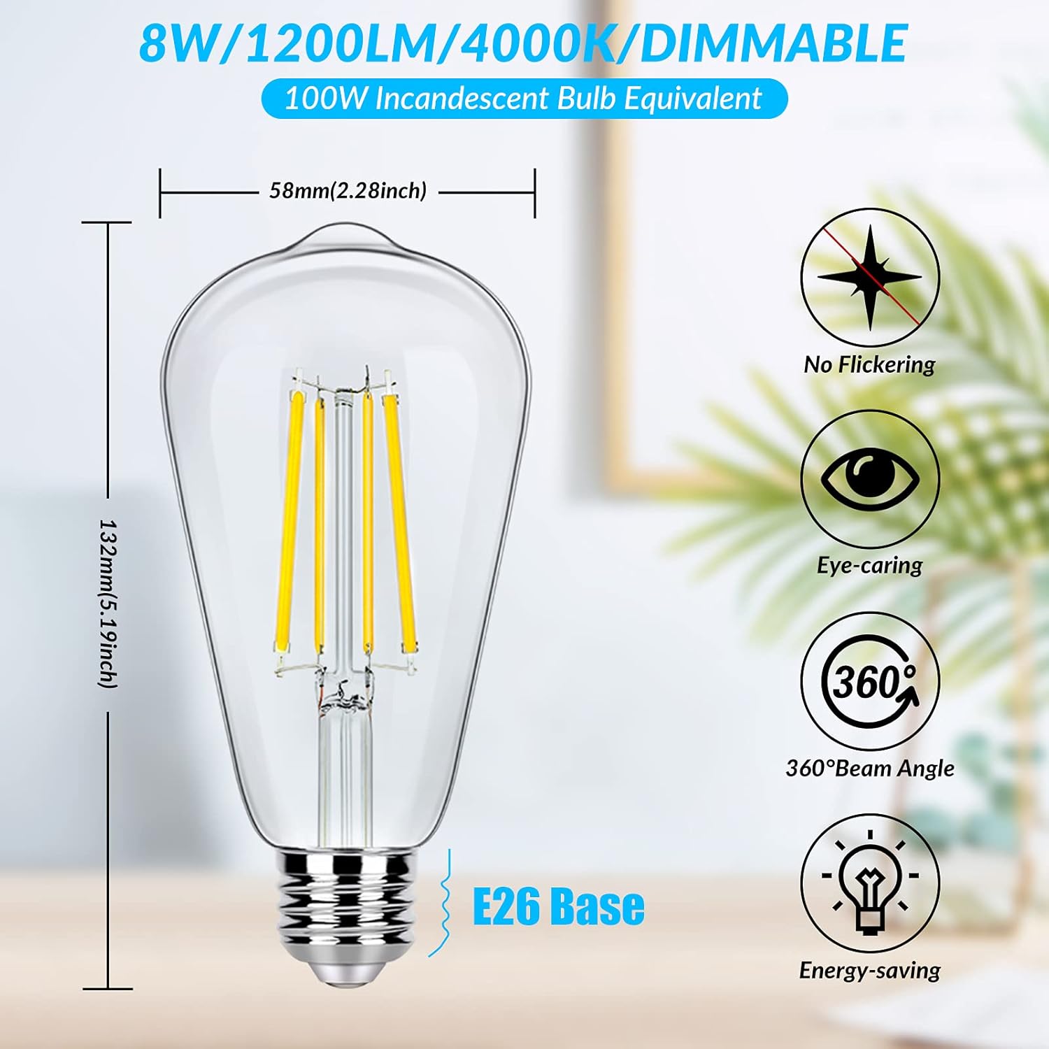 4 Pack of Bosceos Dimmable Vintage LED Edison Light Bulbs - 8W ST58 Cool White 4000K 1200 Lumens ST19 Antique LED Filament Bulbs with E26 Base, Clear Glass, CRI90+ - Ideal for Home Bathroom & Kitchen