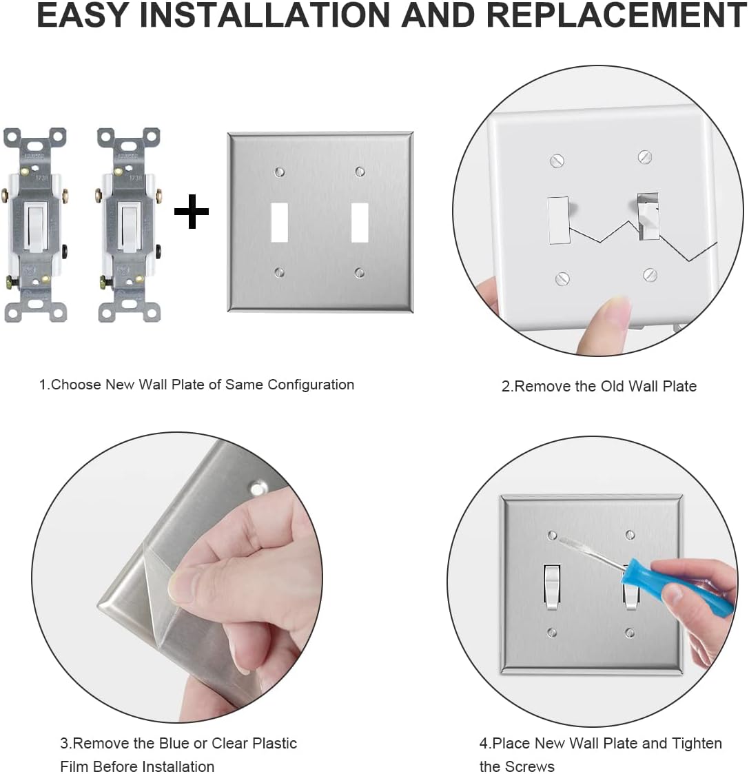 4-Pack of MLLIZH Stainless Steel Double Toggle Switch Plate Covers for 2 Gang Wall Plates