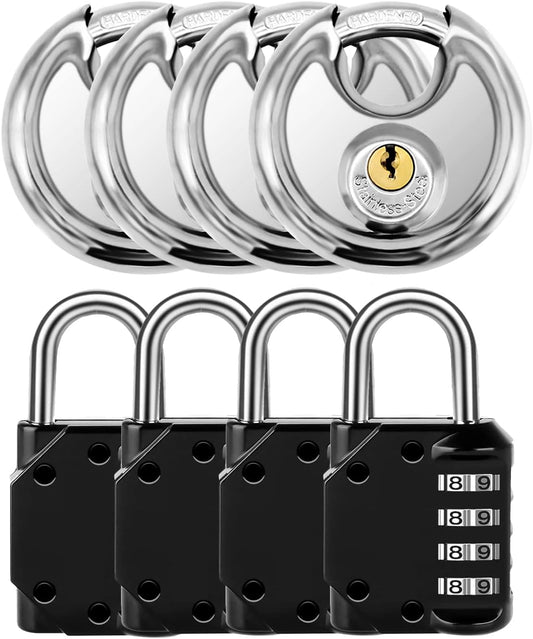 4 Pack of Vervida Black Combination Lock and Disc Padlock Set for Lockers, Gates, Fences, Storage - School and Gym Use