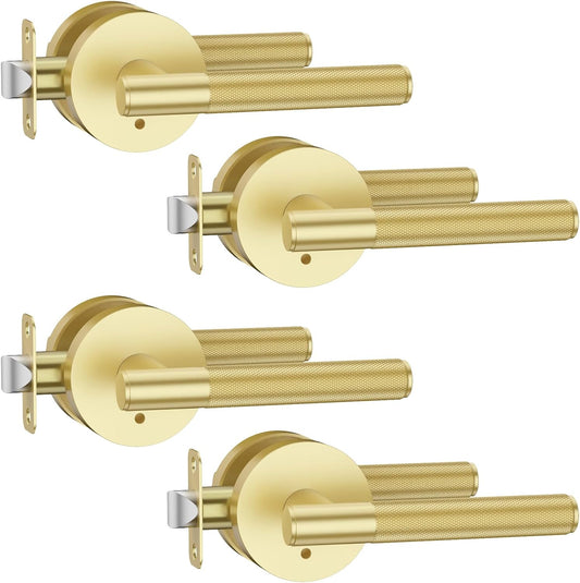 4 Pack Privacy Gold Door Handles with Locks - Heavy Duty Brushed Gold Door Lever and Knobs for Bedroom or Bathroom - Interior Handles for Left or Right Sided Doors