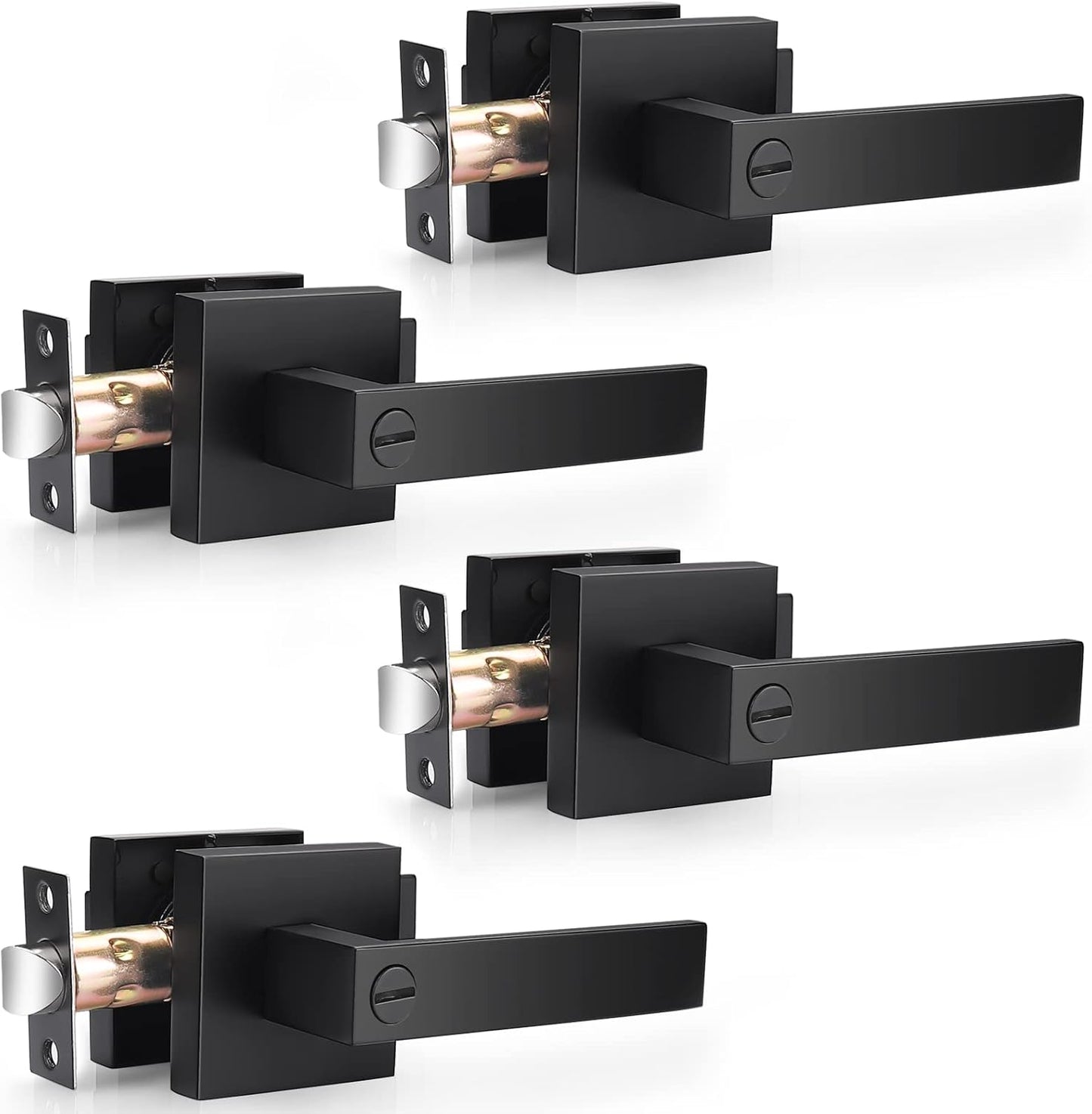 4 Pack Probrico Matte Black Square Privacy Door Levers for Bed Bath, Heavy Duty Interior Keyless Locks - Left/Right Sided Doors