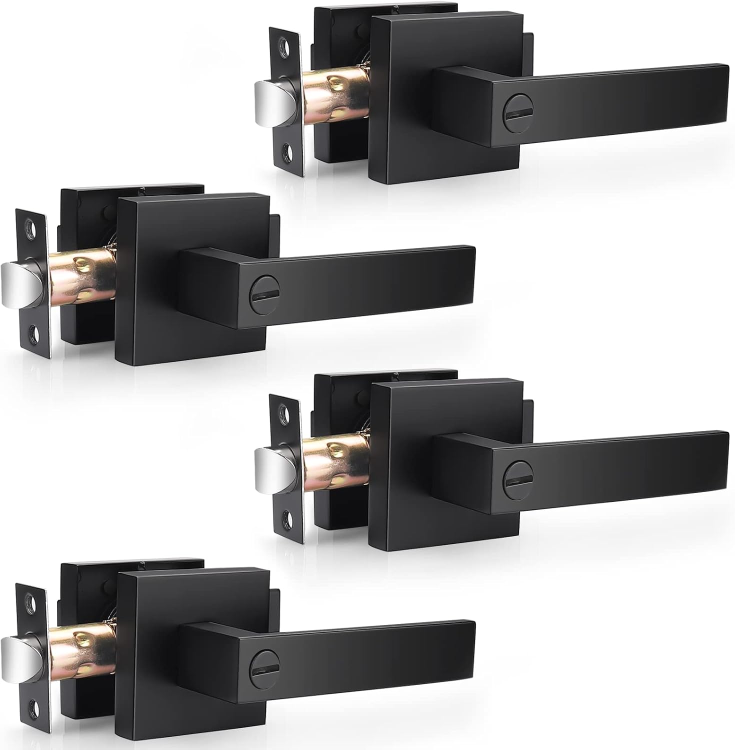 4 Pack Probrico Matte Black Square Privacy Door Levers for Bed Bath, Heavy Duty Interior Keyless Locks - Left/Right Sided Doors