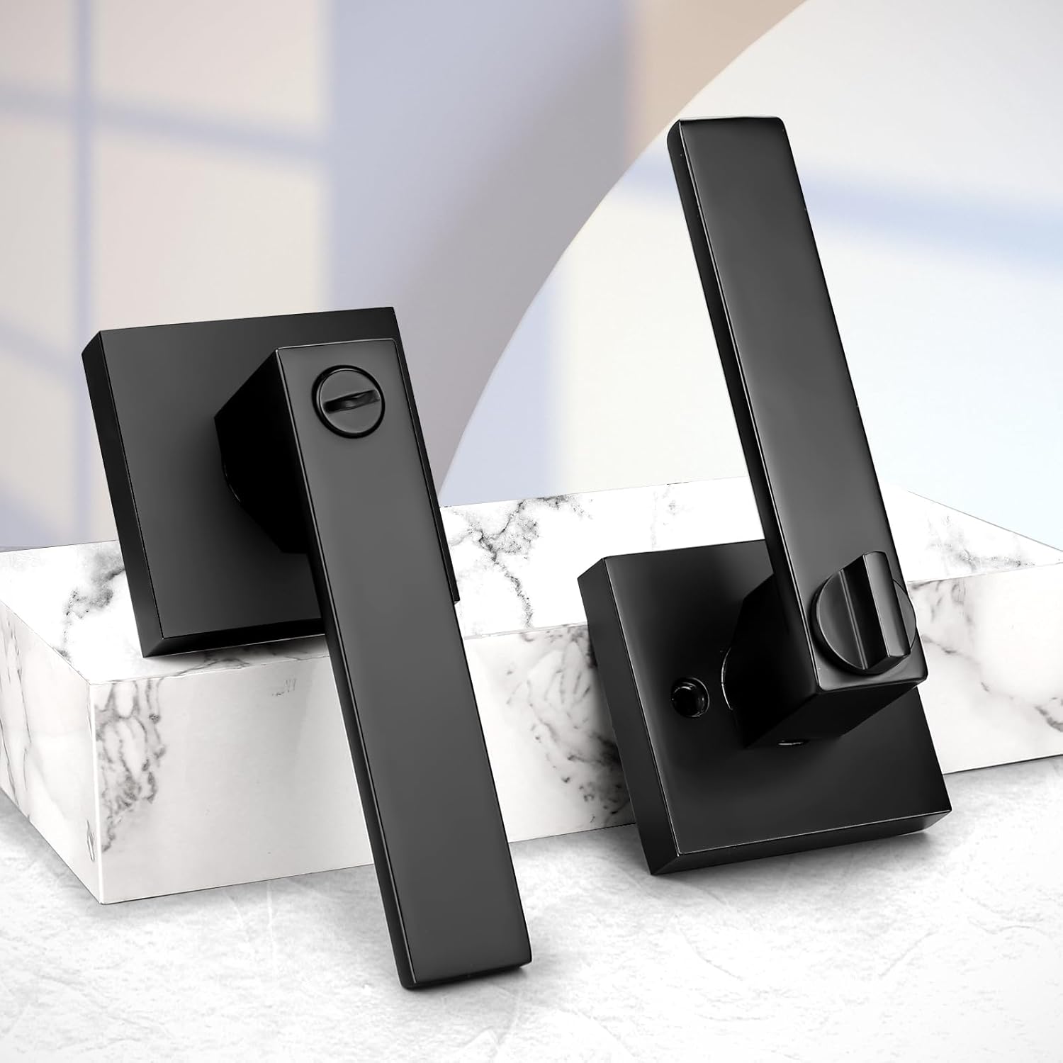4 Pack Probrico Matte Black Square Privacy Door Levers for Bed Bath, Heavy Duty Interior Keyless Locks - Left/Right Sided Doors