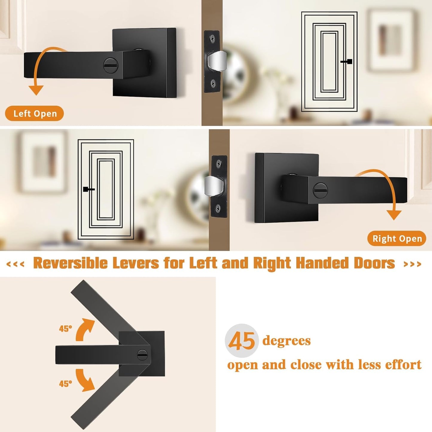 4 Pack Probrico Matte Black Square Privacy Door Levers for Bed Bath, Heavy Duty Interior Keyless Locks - Left/Right Sided Doors