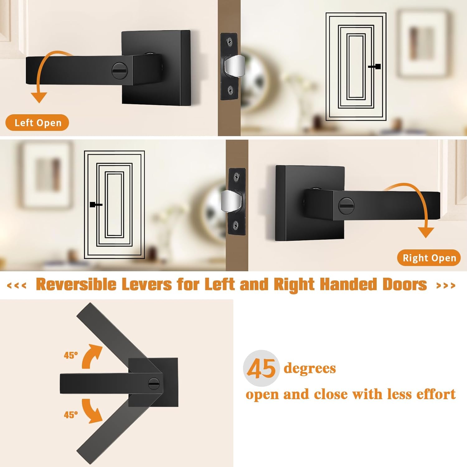 4 Pack Probrico Matte Black Square Privacy Door Levers for Bed Bath, Heavy Duty Interior Keyless Locks - Left/Right Sided Doors