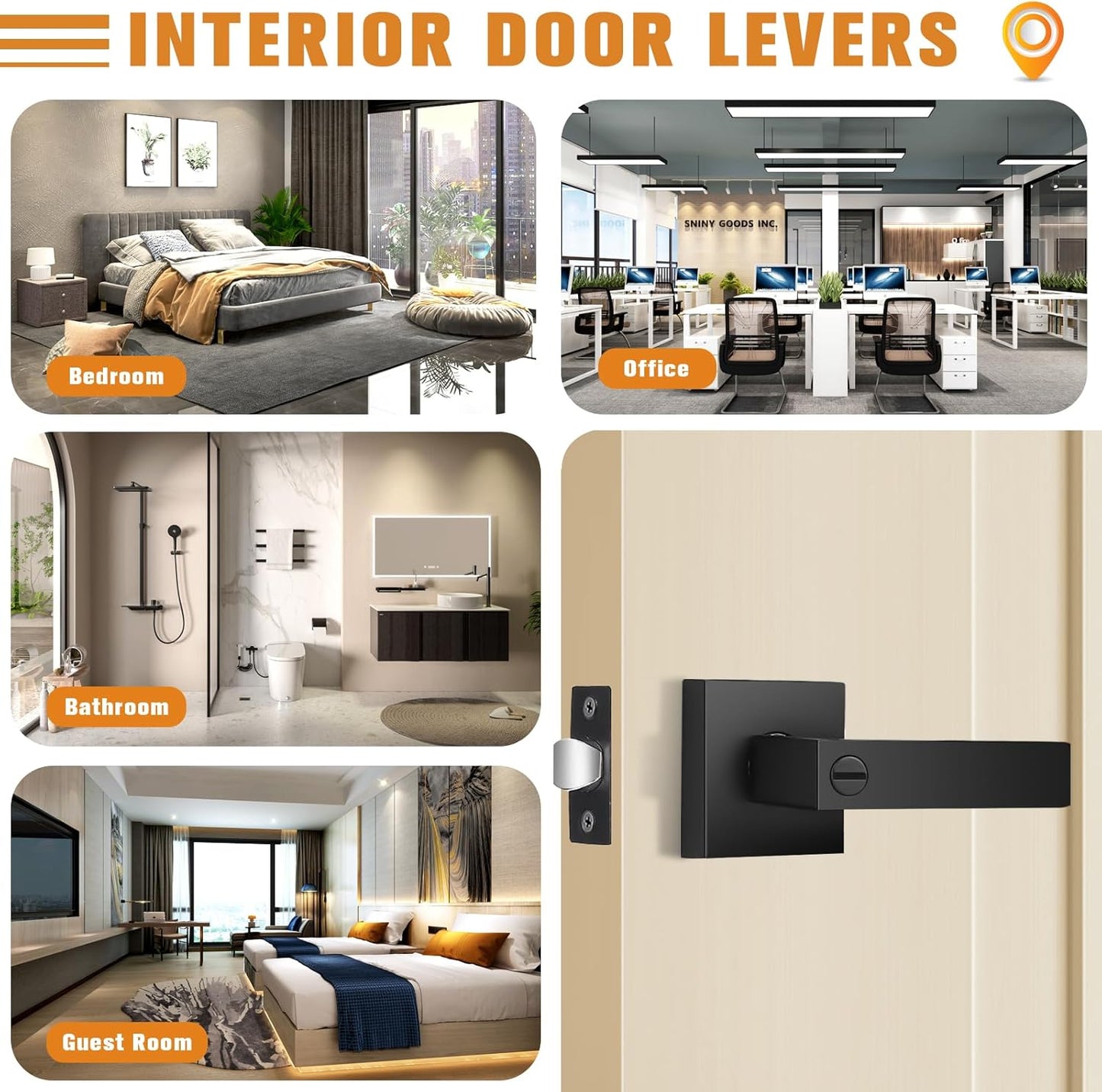 4 Pack Probrico Matte Black Square Privacy Door Levers for Bed Bath, Heavy Duty Interior Keyless Locks - Left/Right Sided Doors