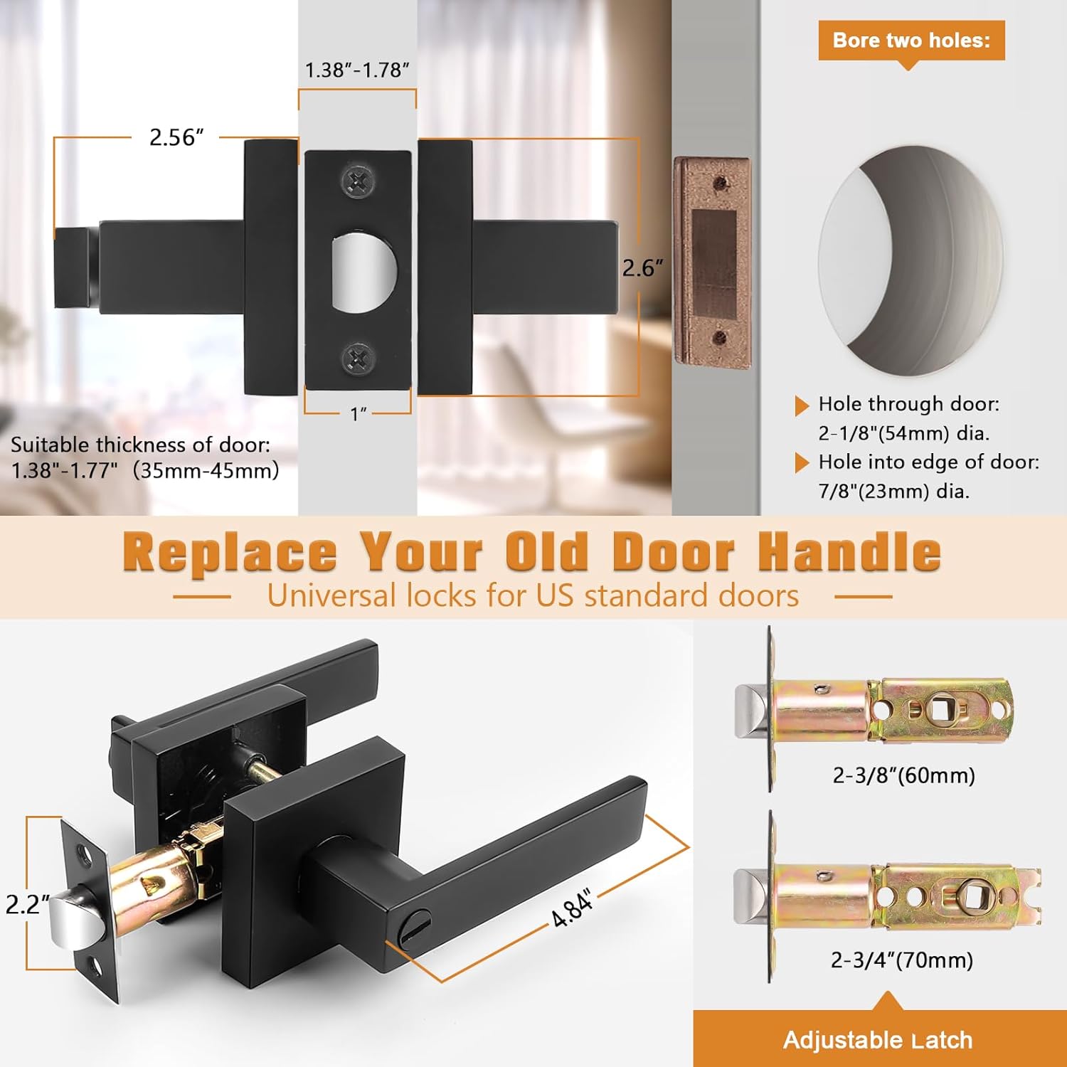 4 Pack Probrico Matte Black Square Privacy Door Levers for Bed Bath, Heavy Duty Interior Keyless Locks - Left/Right Sided Doors