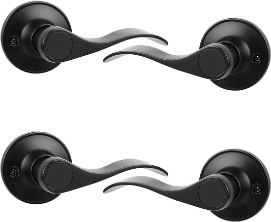 4 Pack Probrico Wave Style Dummy Door Lever Handle Set, Left and Right Hand, Black Finish for Laundry Room, Hallway, Closet - Non-Turning French Door Handle