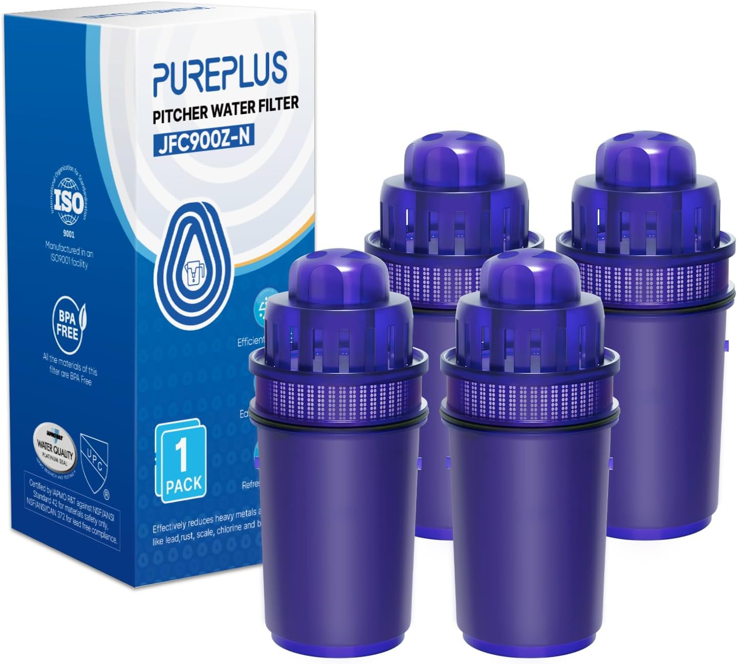 4-Pack PUREPLUS JFC900Z Water Filter Replacement for Pur Pitchers & Dispensers - Compatible with PPF900Z, PPF951K, PPT700W, CR-1100C, DS-1800Z, CR-6000C, PPT711W, PPT711, PPT710W, PPT111W, PPT111R