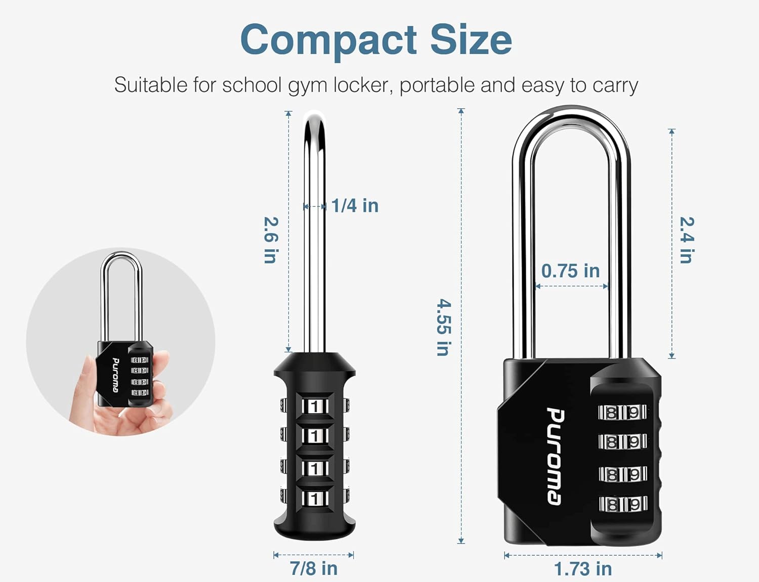 4 Pack Puroma Waterproof 4 Digit Combination Lock for School Gym Locker, Sports Locker, Fence, Toolbox, Gate - Black