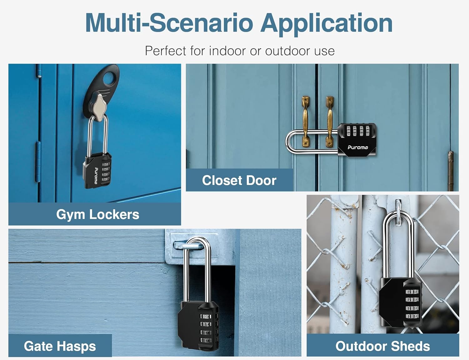 4 Pack Puroma Waterproof 4 Digit Combination Lock for School Gym Locker, Sports Locker, Fence, Toolbox, Gate - Black