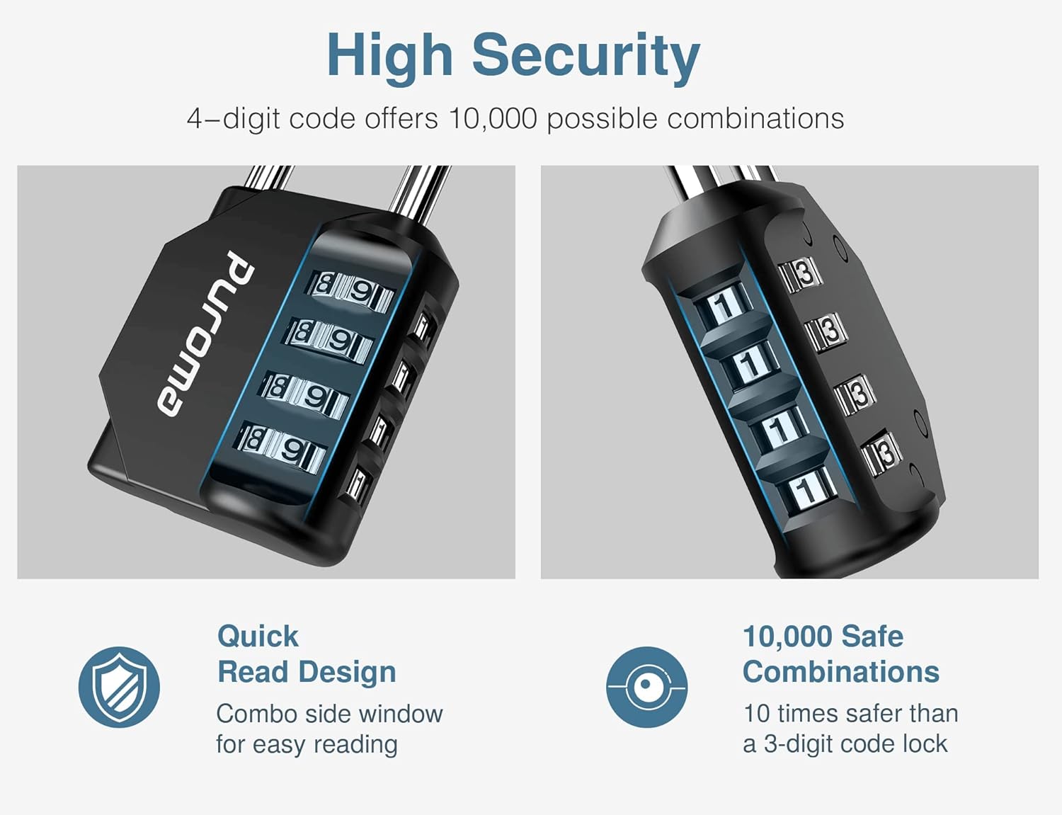 4 Pack Puroma Waterproof 4 Digit Combination Lock for School Gym Locker, Sports Locker, Fence, Toolbox, Gate - Black