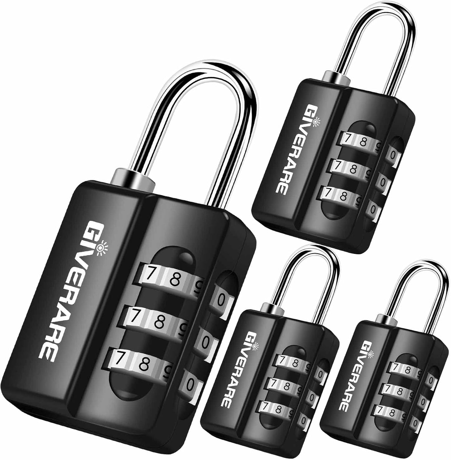 4 Pack Resettable 3-Digit Combination Locks for Backpack, Gym, School & Employee Locker - Weatherproof Travel Padlocks for Fence, Gate, Hasp, Case - Black - WildKart