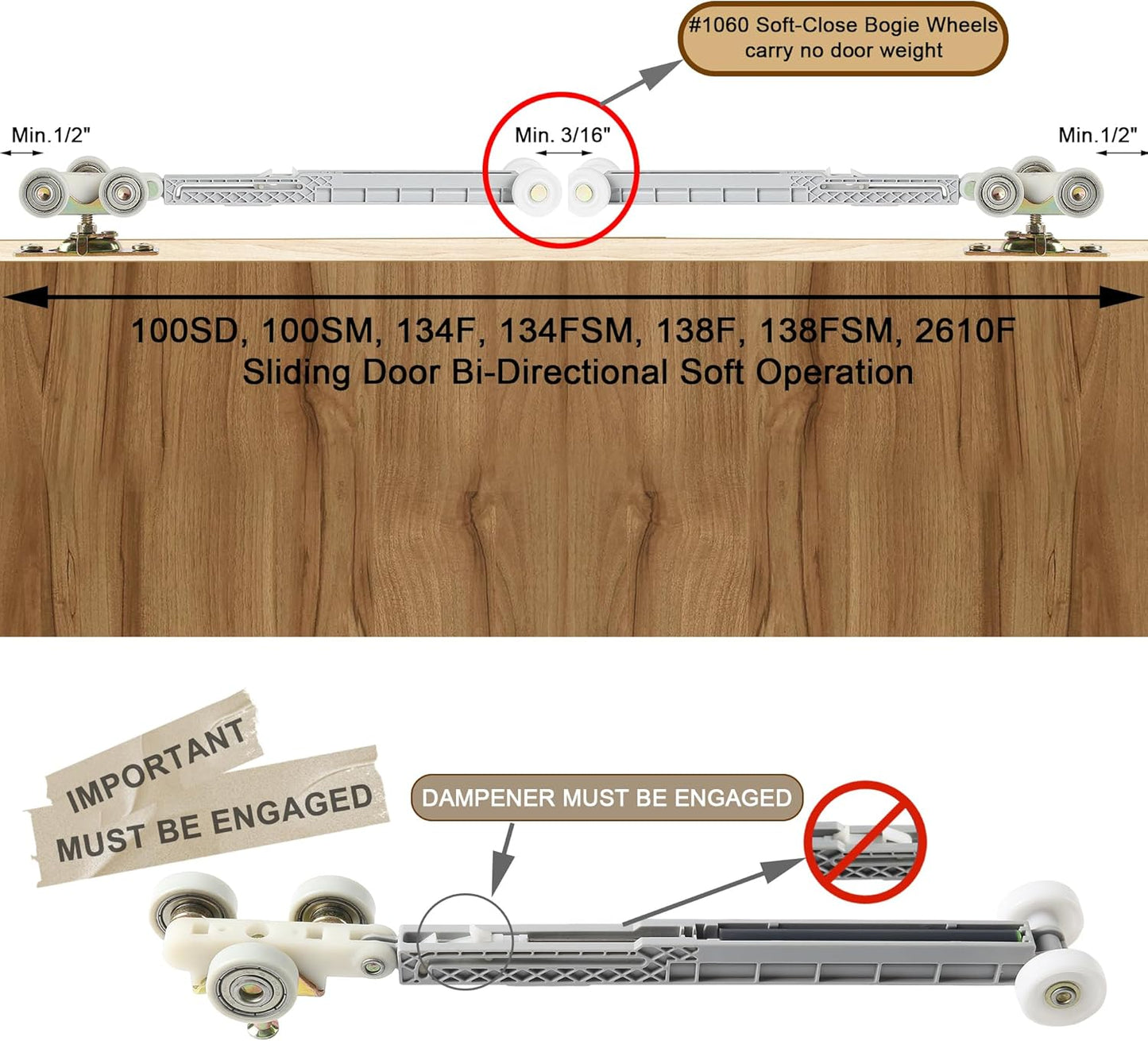 4 Pack Soft Close/Open Bypass Door Hangers for Johnson Part #1062 - 1" Nylon Ball Bearing, 1-1/4" C.T.C, 165lbs Capacity, Bi-Directional, Fits 1" Thick Doors - WildKart