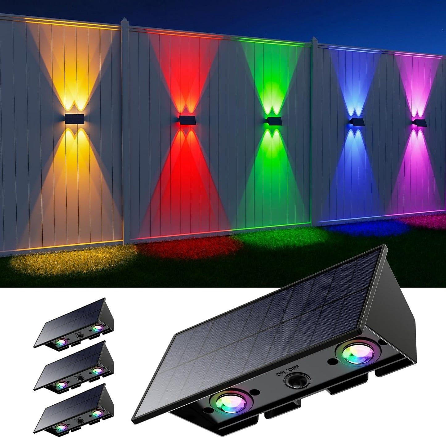 4 Pack Solar Powered Fence Lights Outdoor RGB Decorative Waterproof LED Wall Mount Lamps for Porch, Deck, Patio, Yard - High Brightness Illumination with 4 Lenses