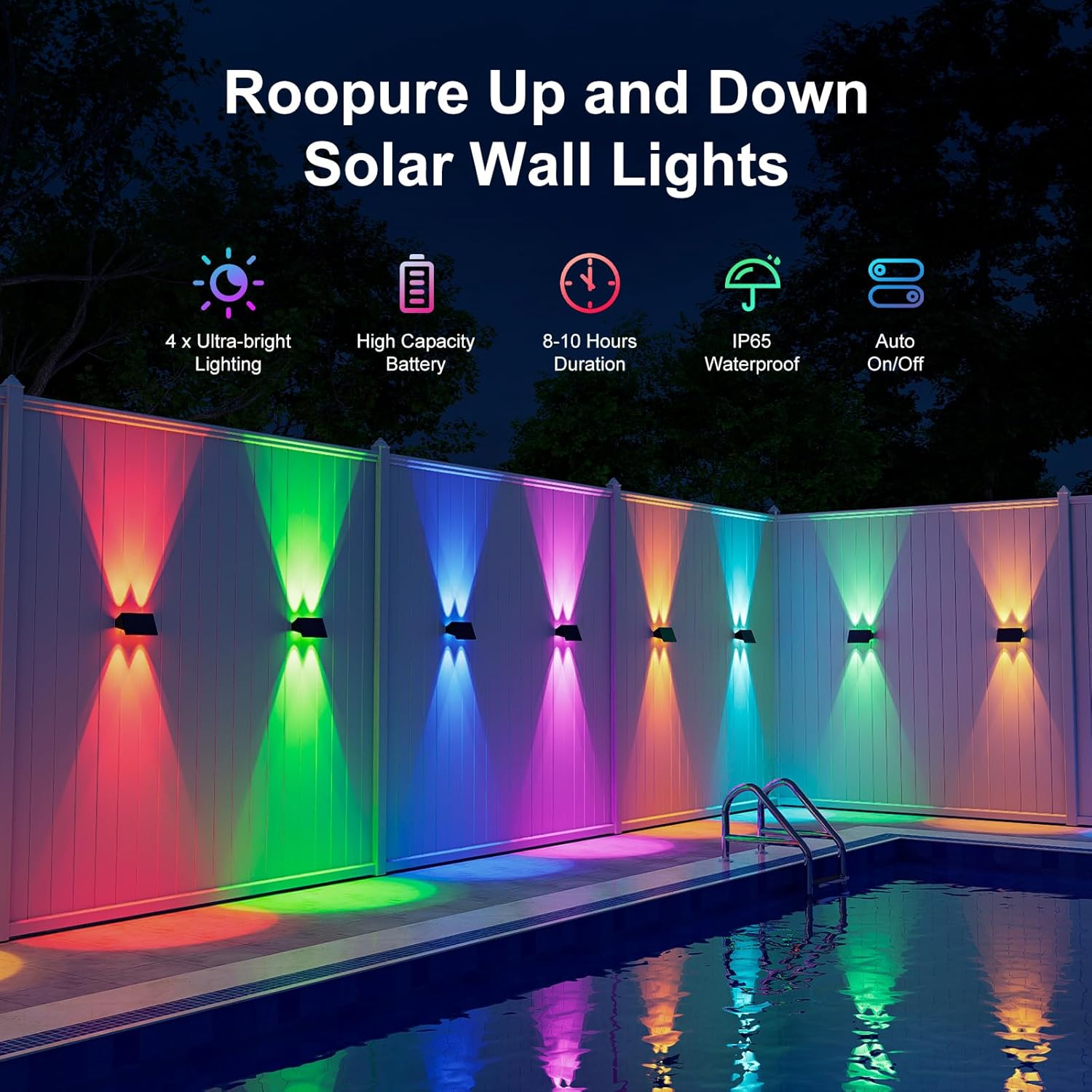 4 Pack Solar Powered Fence Lights Outdoor RGB Decorative Waterproof LED Wall Mount Lamps for Porch, Deck, Patio, Yard - High Brightness Illumination with 4 Lenses