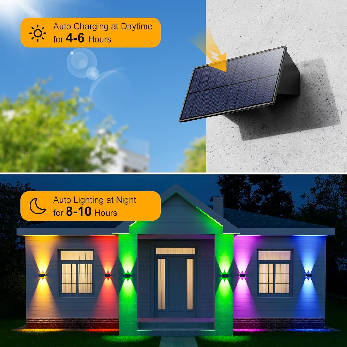 4 Pack Solar Powered Fence Lights Outdoor RGB Decorative Waterproof LED Wall Mount Lamps for Porch, Deck, Patio, Yard - High Brightness Illumination with 4 Lenses