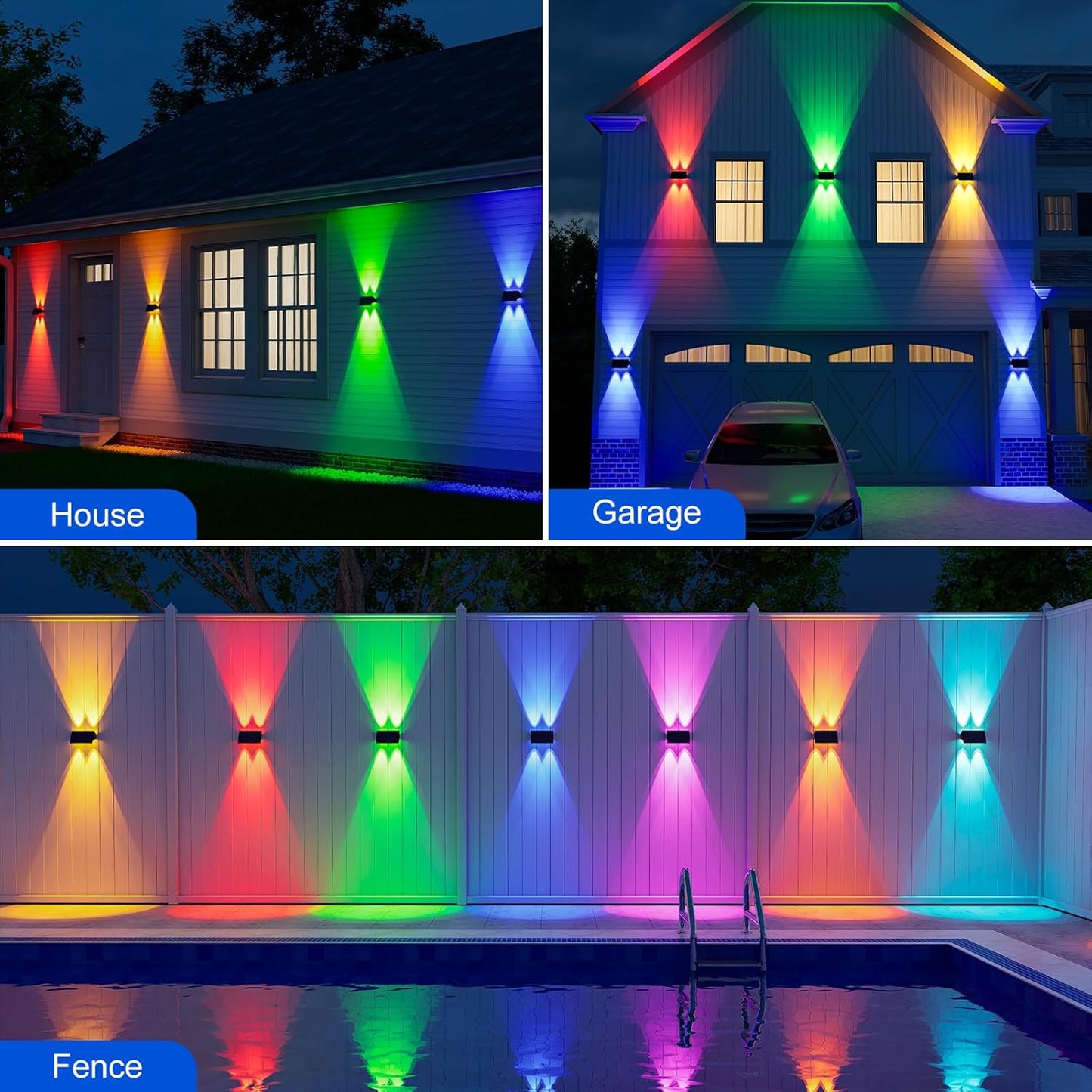 4 Pack Solar Powered Fence Lights Outdoor RGB Decorative Waterproof LED Wall Mount Lamps for Porch, Deck, Patio, Yard - High Brightness Illumination with 4 Lenses