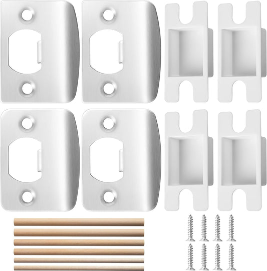 4 Pack Stainless Steel Door Latch Strike Plate Repair Kit with Wood Dowel Strips - Home Office Door Frame Reinforcement