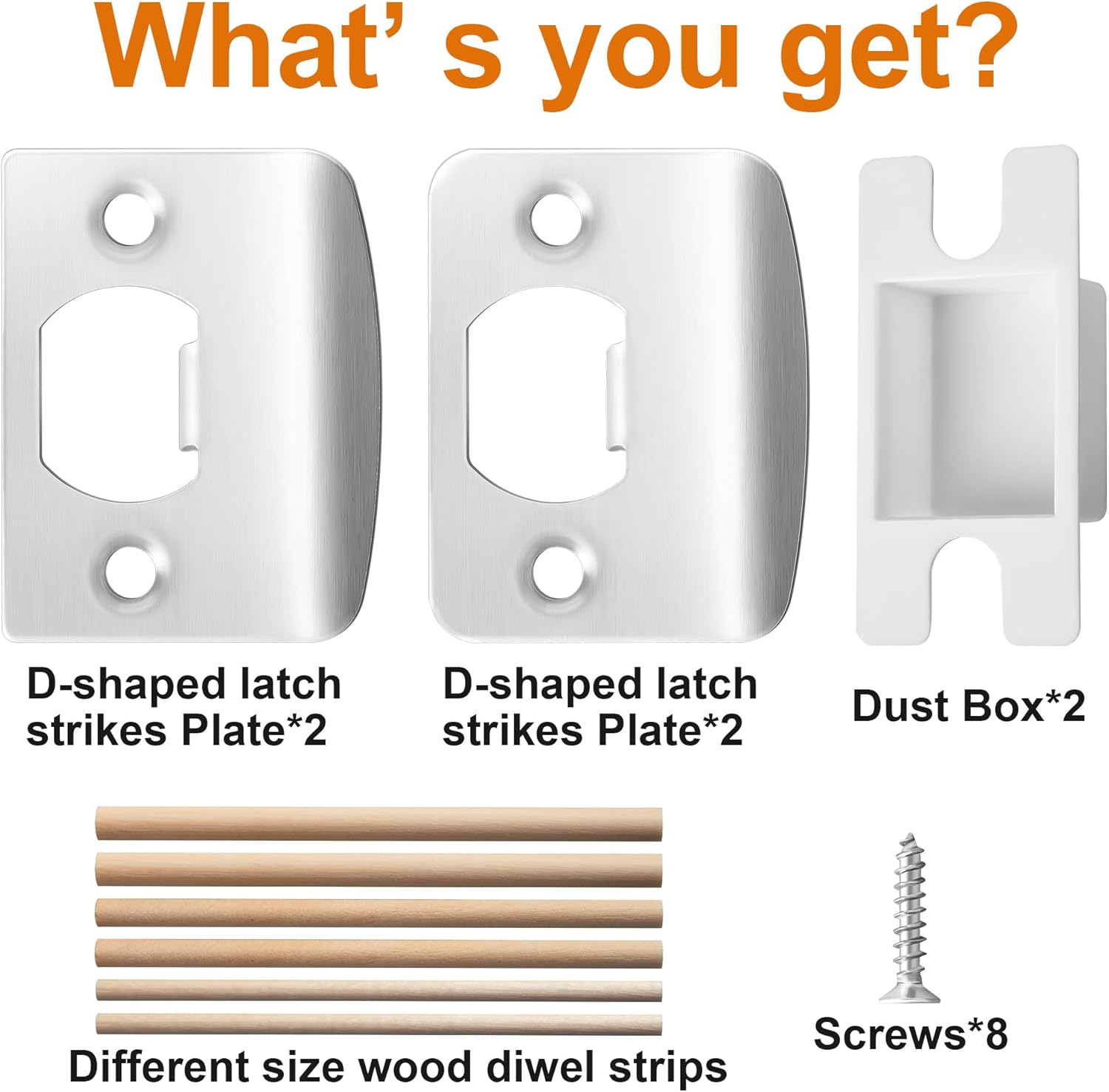 4 Pack Stainless Steel Door Latch Strike Plate Repair Kit with Wood Dowel Strips - Home Office Door Frame Reinforcement