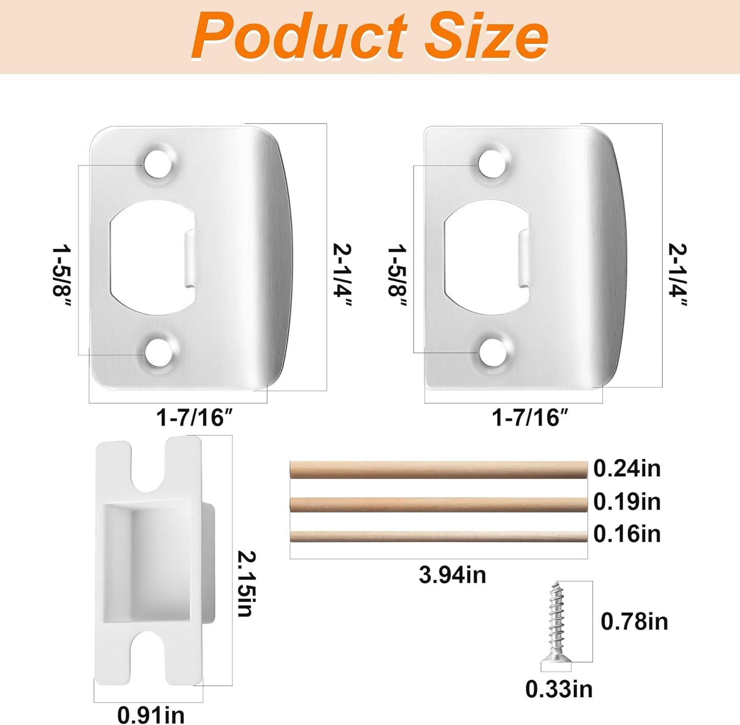 4 Pack Stainless Steel Door Latch Strike Plate Repair Kit with Wood Dowel Strips - Home Office Door Frame Reinforcement