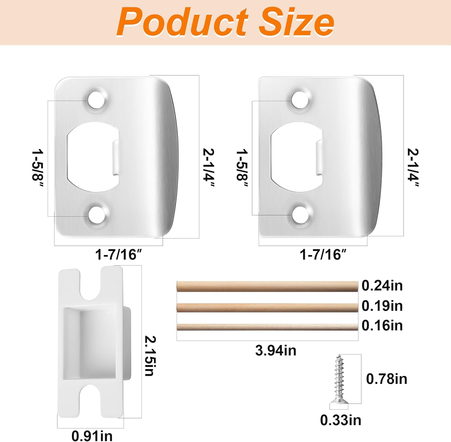 4 Pack Stainless Steel Door Latch Strike Plate Repair Kit with Wood Dowel Strips - Home Office Door Frame Reinforcement