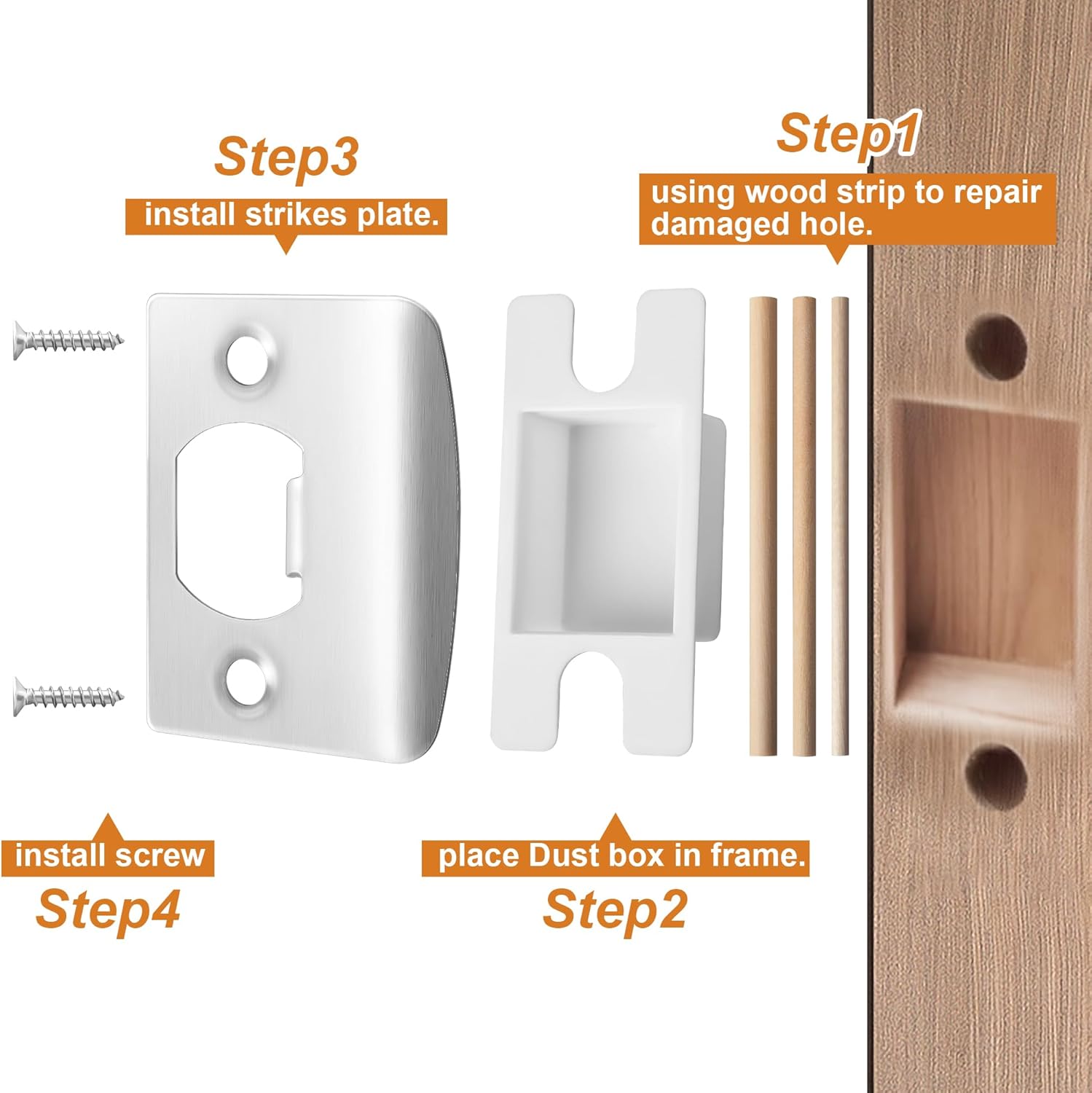 4 Pack Stainless Steel Door Latch Strike Plate Repair Kit with Wood Dowel Strips - Home Office Door Frame Reinforcement