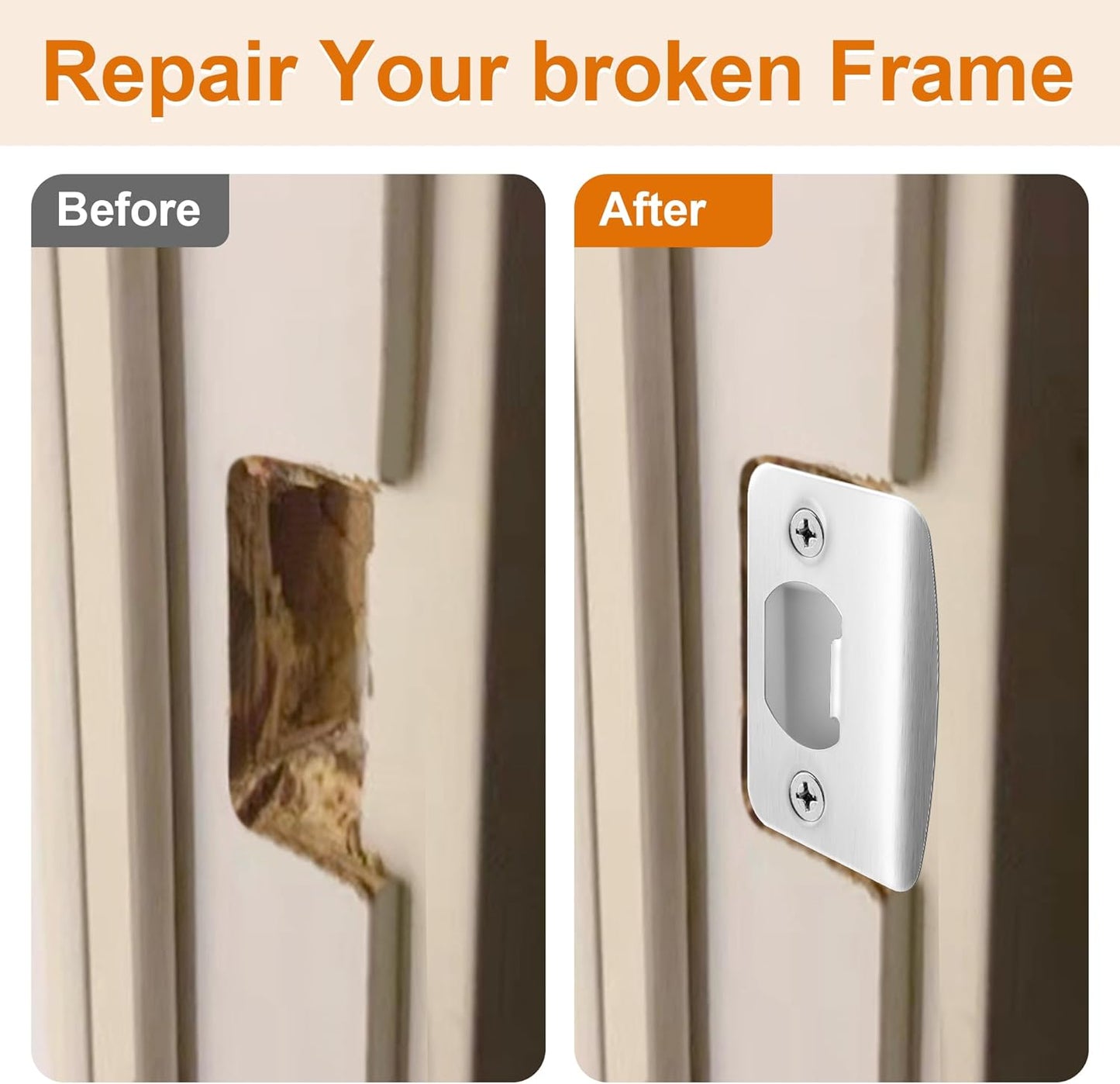 4 Pack Stainless Steel Door Latch Strike Plate Repair Kit with Wood Dowel Strips - Home Office Door Frame Reinforcement