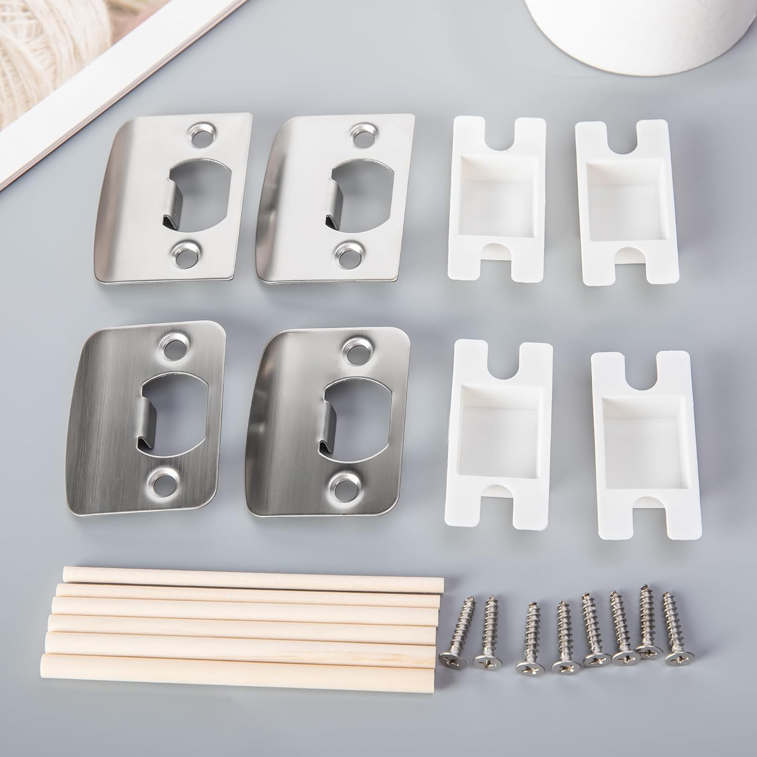 4 Pack Stainless Steel Door Latch Strike Plate Repair Kit with Wood Dowel Strips - Home Office Door Frame Reinforcement