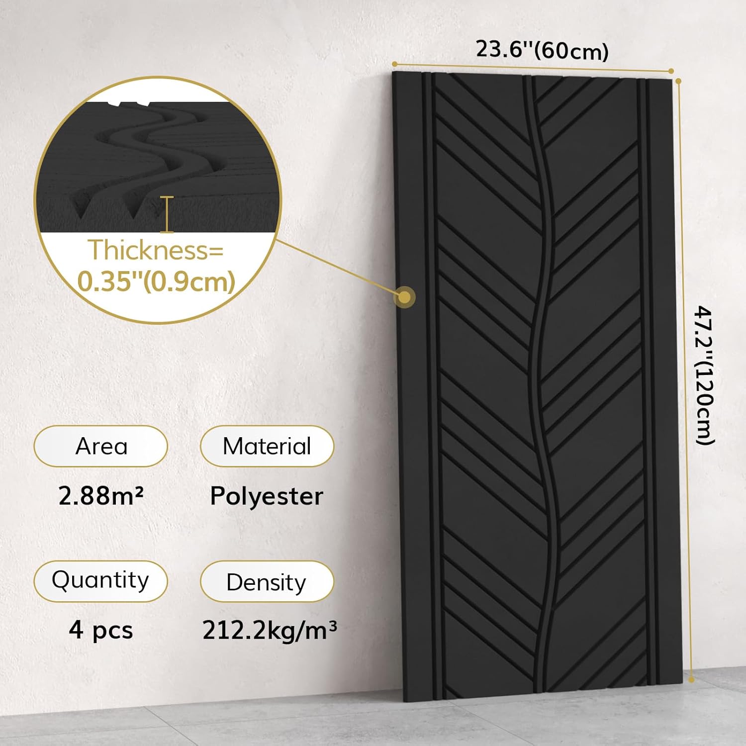 4 Pack TONOR Leaf Pattern Acoustic Panels - 47.2" x 23.6" x 0.35" - Self-Adhesive Soundproof Wall Panels for Echo Reduction - Studio/Home Sound Absorption - Black