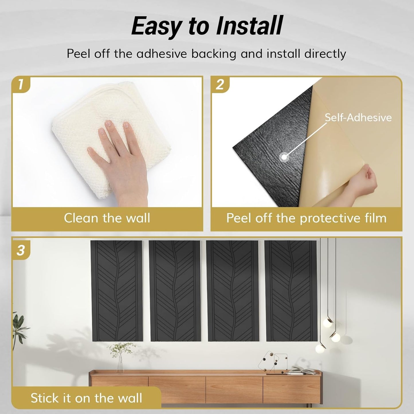 4 Pack TONOR Leaf Pattern Acoustic Panels - 47.2" x 23.6" x 0.35" - Self-Adhesive Soundproof Wall Panels for Echo Reduction - Studio/Home Sound Absorption - Black