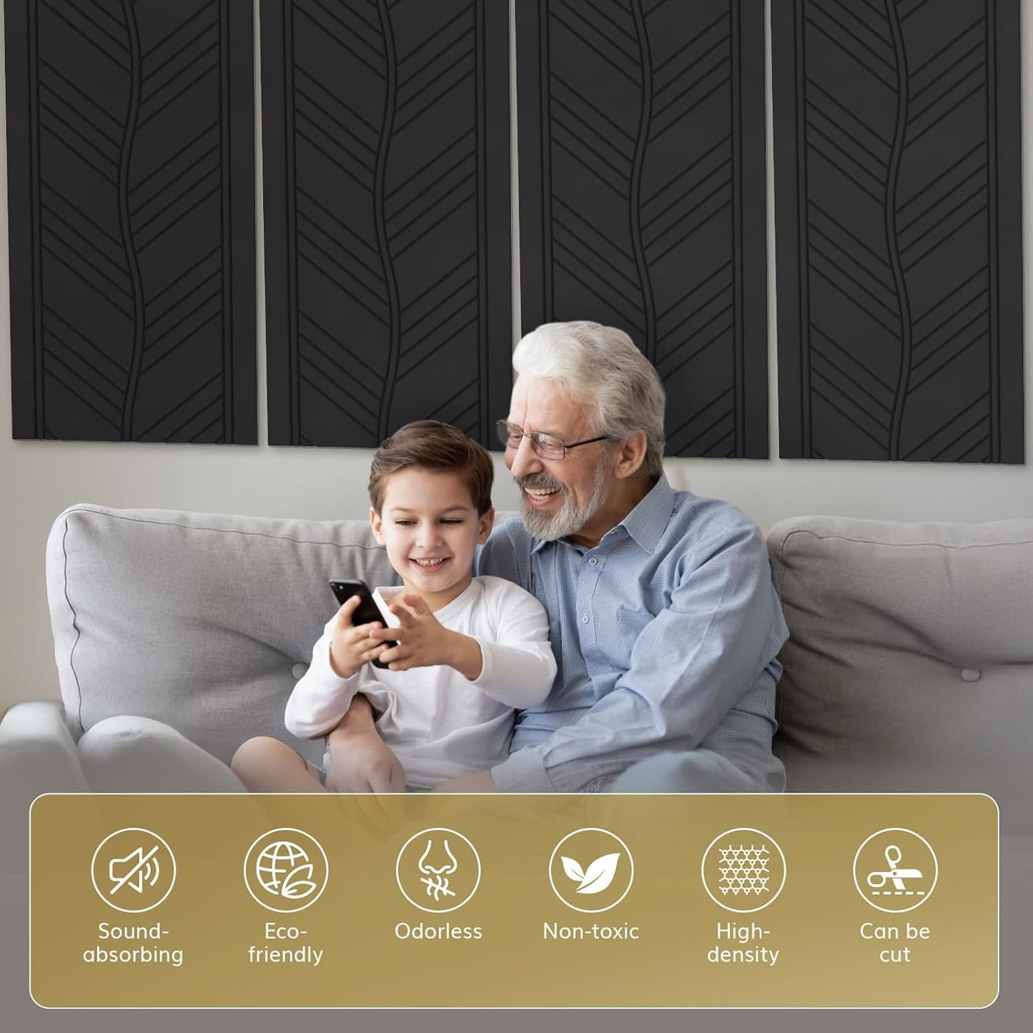 4 Pack TONOR Leaf Pattern Acoustic Panels - 47.2" x 23.6" x 0.35" - Self-Adhesive Soundproof Wall Panels for Echo Reduction - Studio/Home Sound Absorption - Black