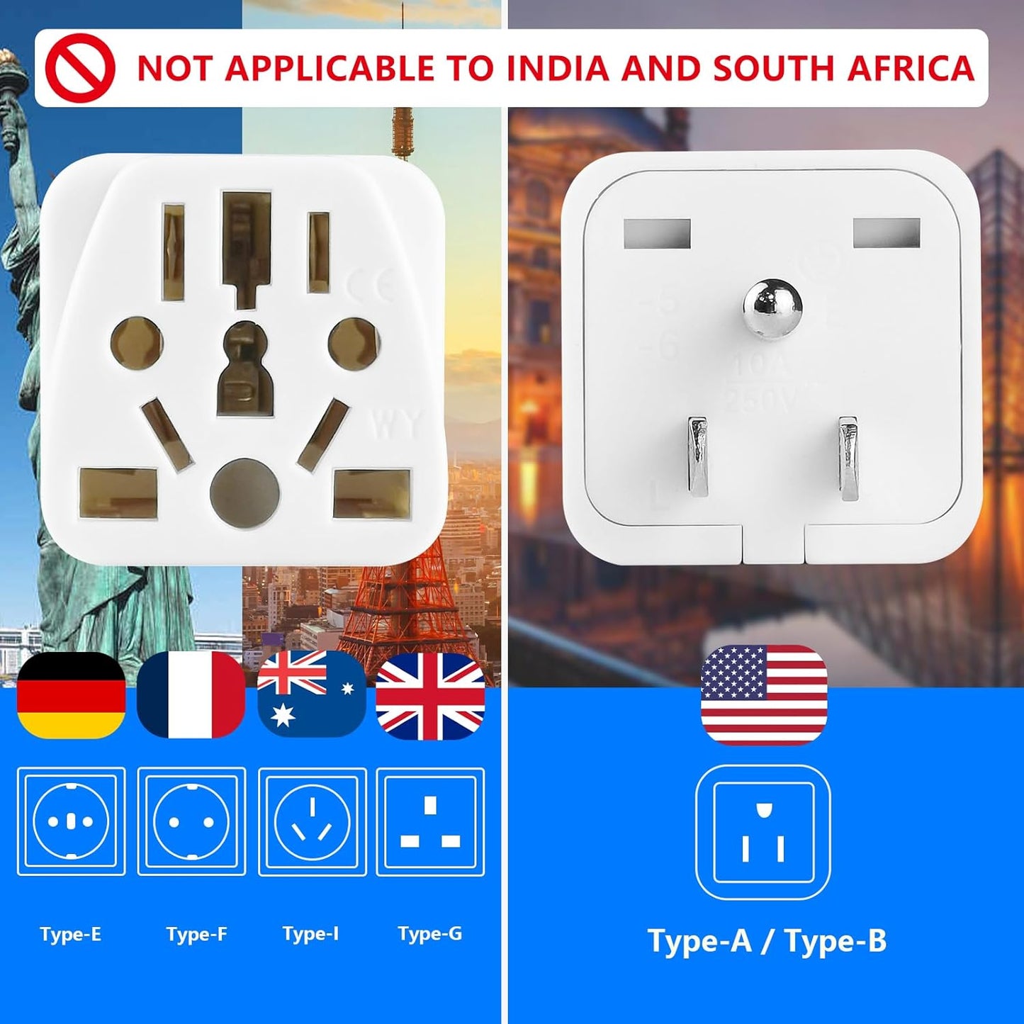 4 Pack Universal UK/European to US Plug Adapter - Type B Travel Essentials for American Outlets - White