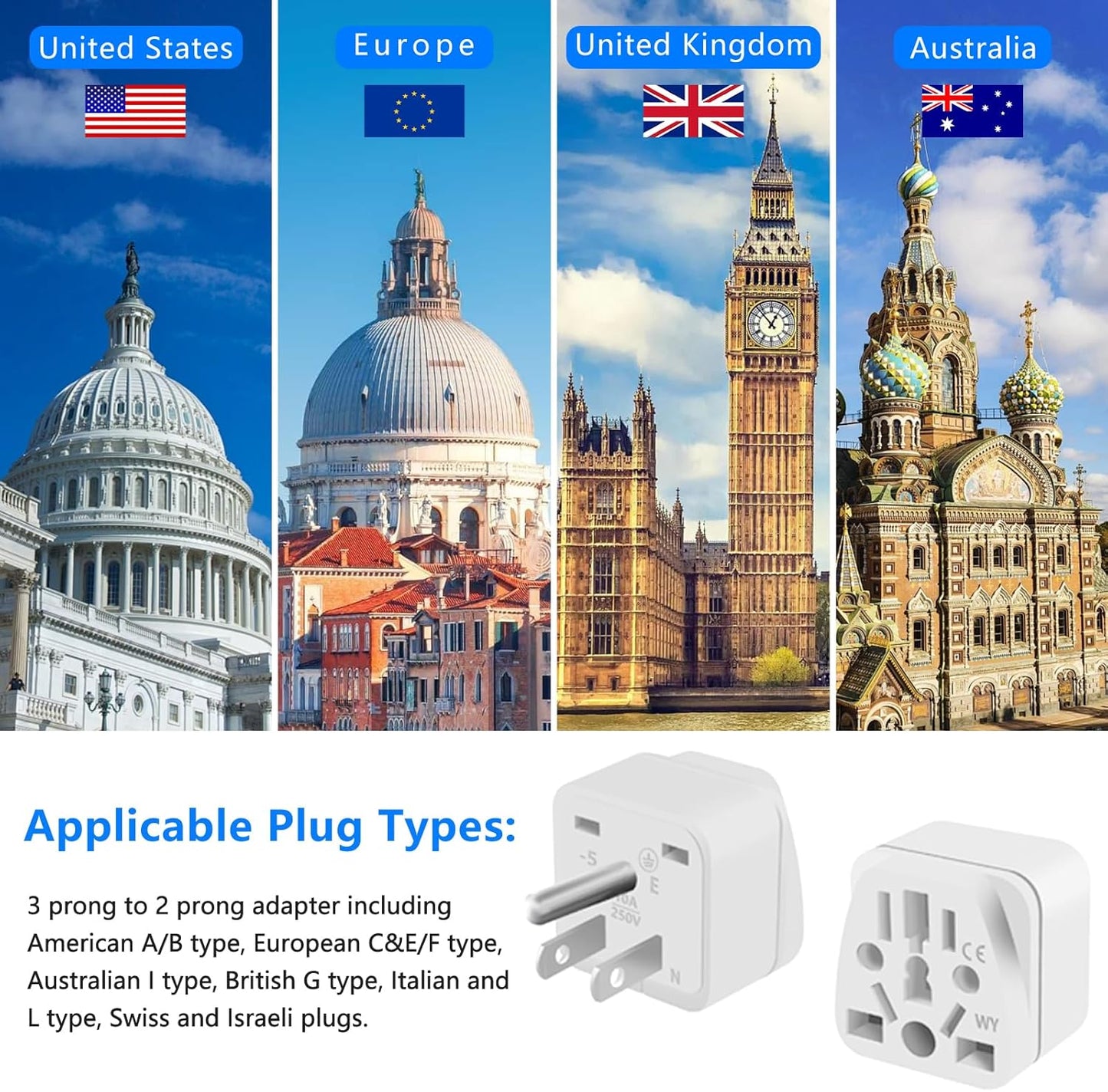4 Pack Universal UK/European to US Plug Adapter - Type B Travel Essentials for American Outlets - White