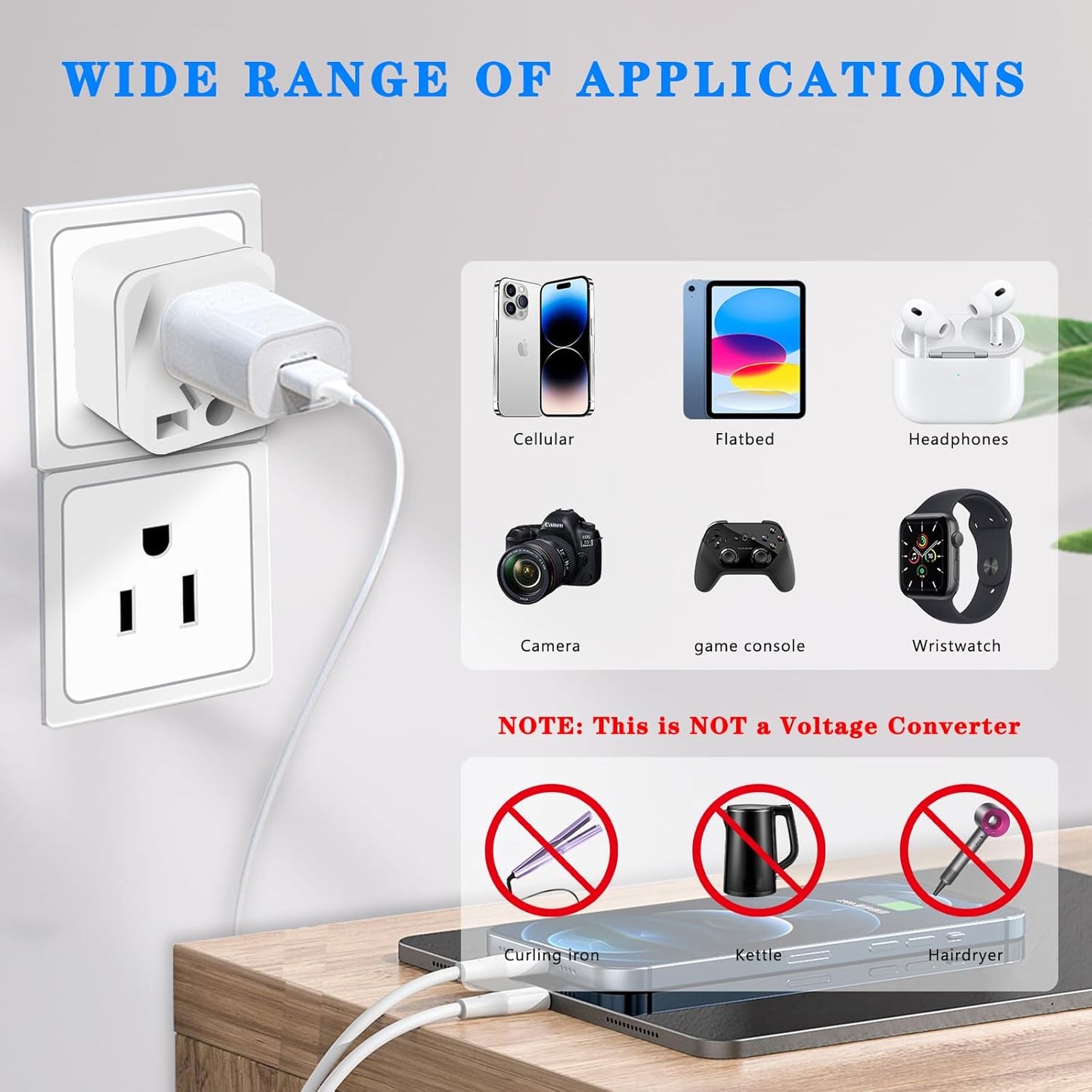 4 Pack Universal UK/European to US Plug Adapter - Type B Travel Essentials for American Outlets - White