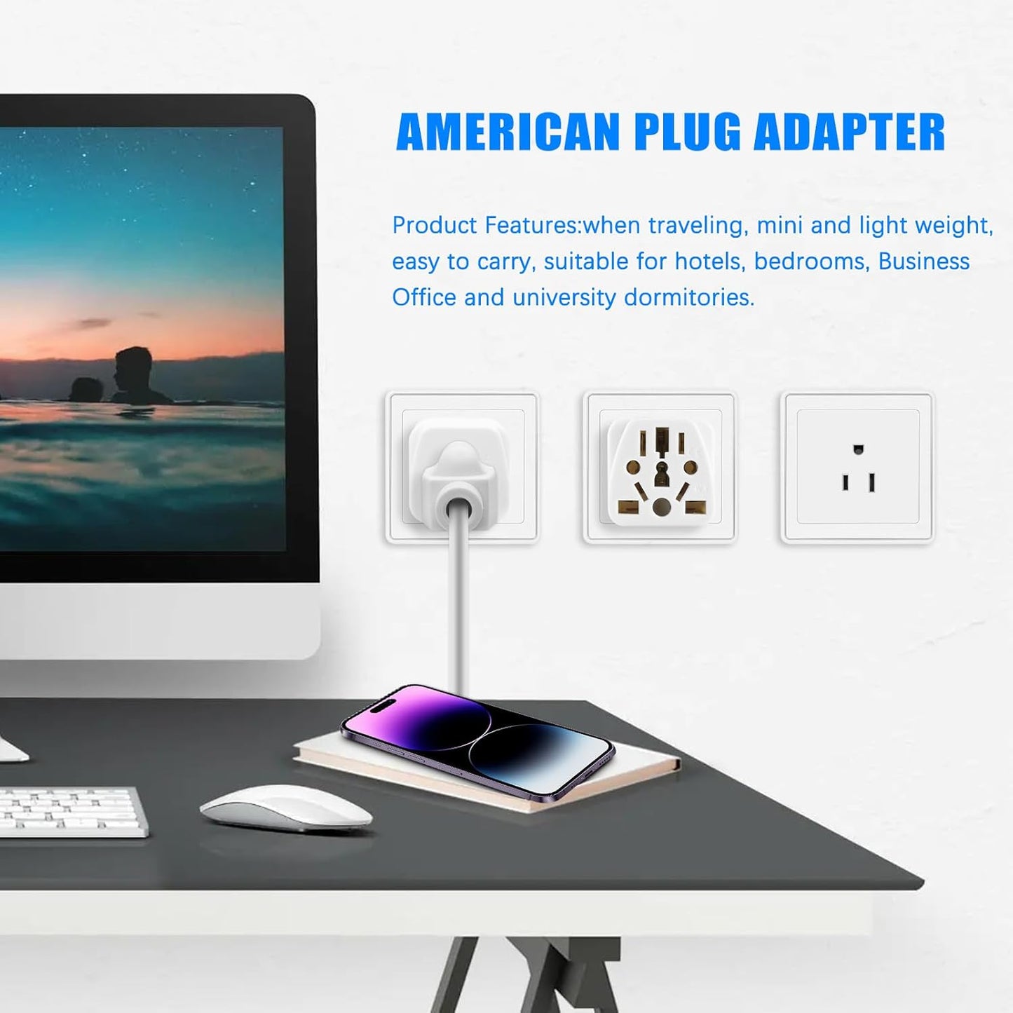 4 Pack Universal UK/European to US Plug Adapter - Type B Travel Essentials for American Outlets - White