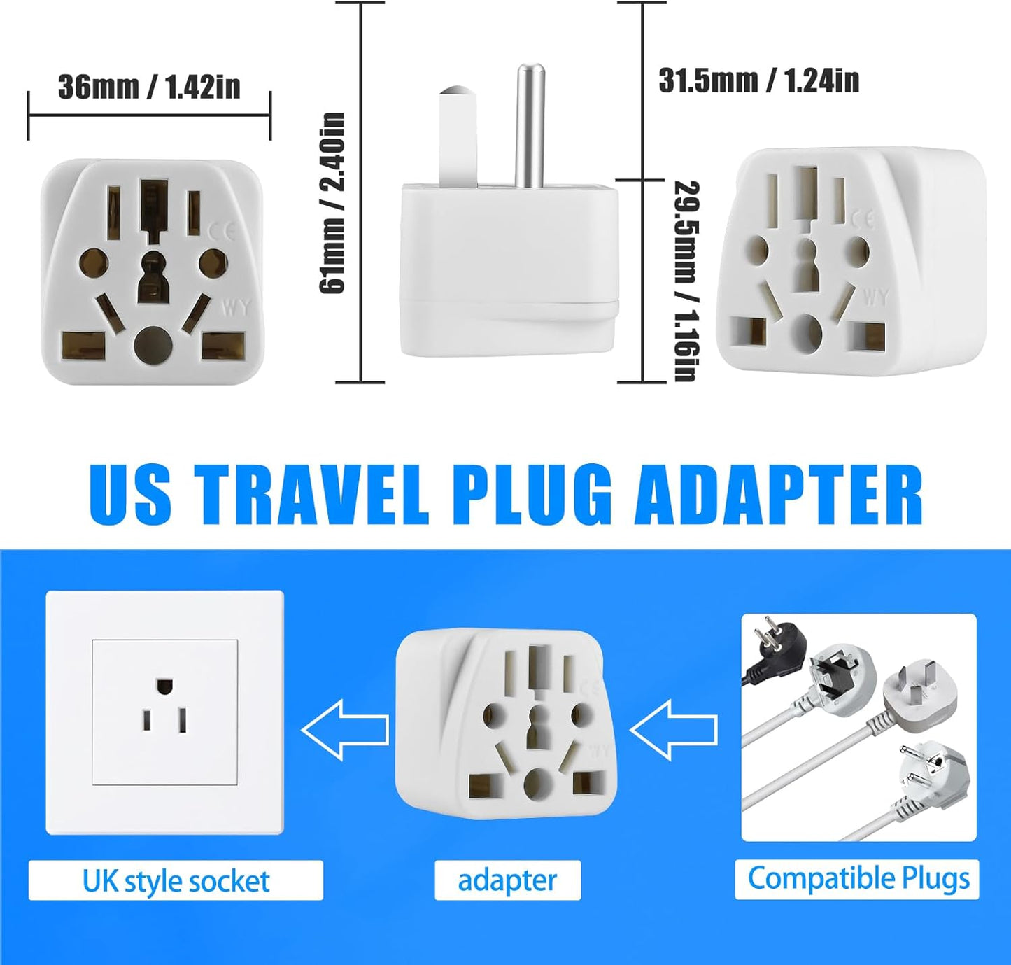 4 Pack Universal UK/European to US Plug Adapter - Type B Travel Essentials for American Outlets - White